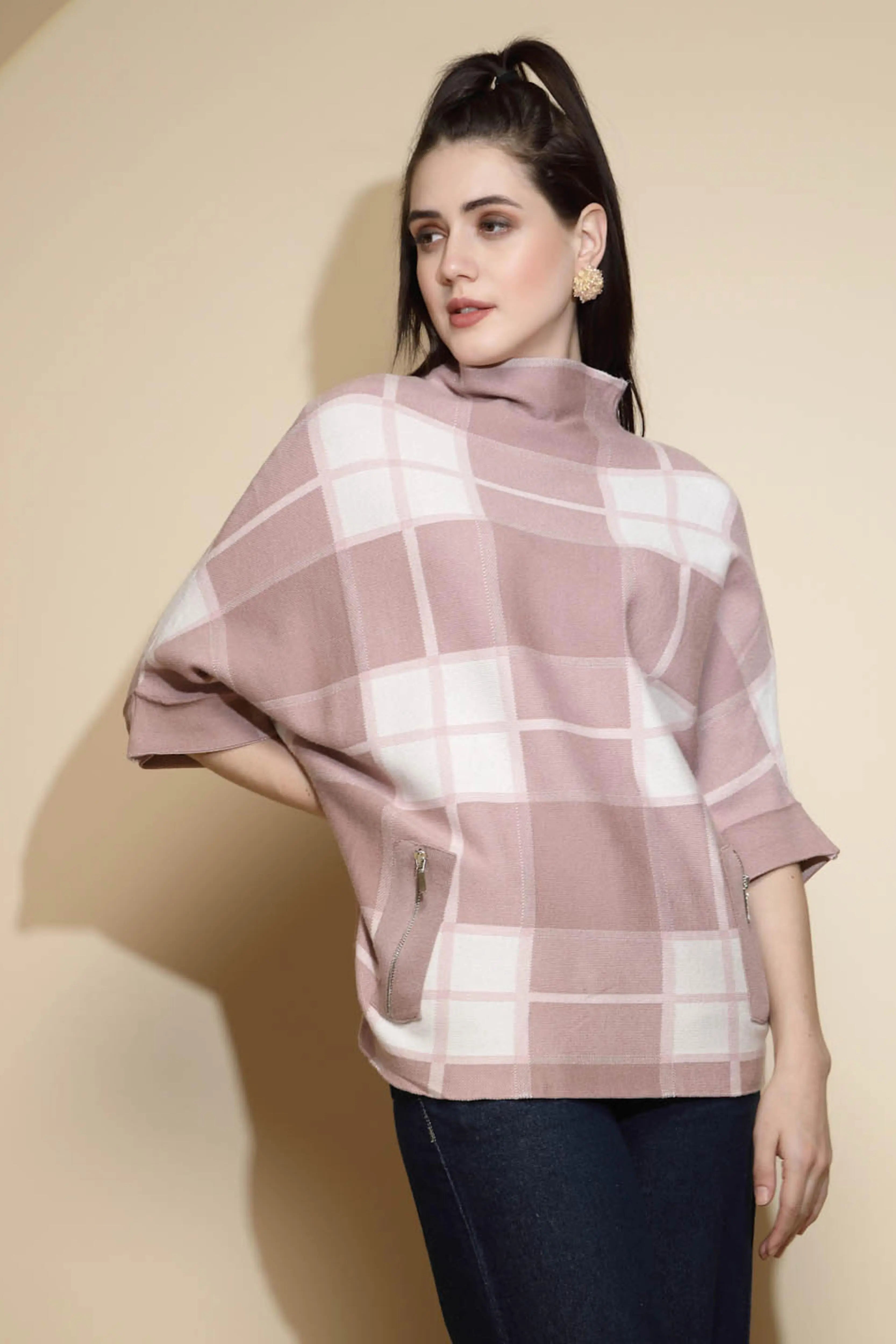 Pink Check Raglan Sleeve Turtle Neck Acrylic Pullover Sweater - Global Republic