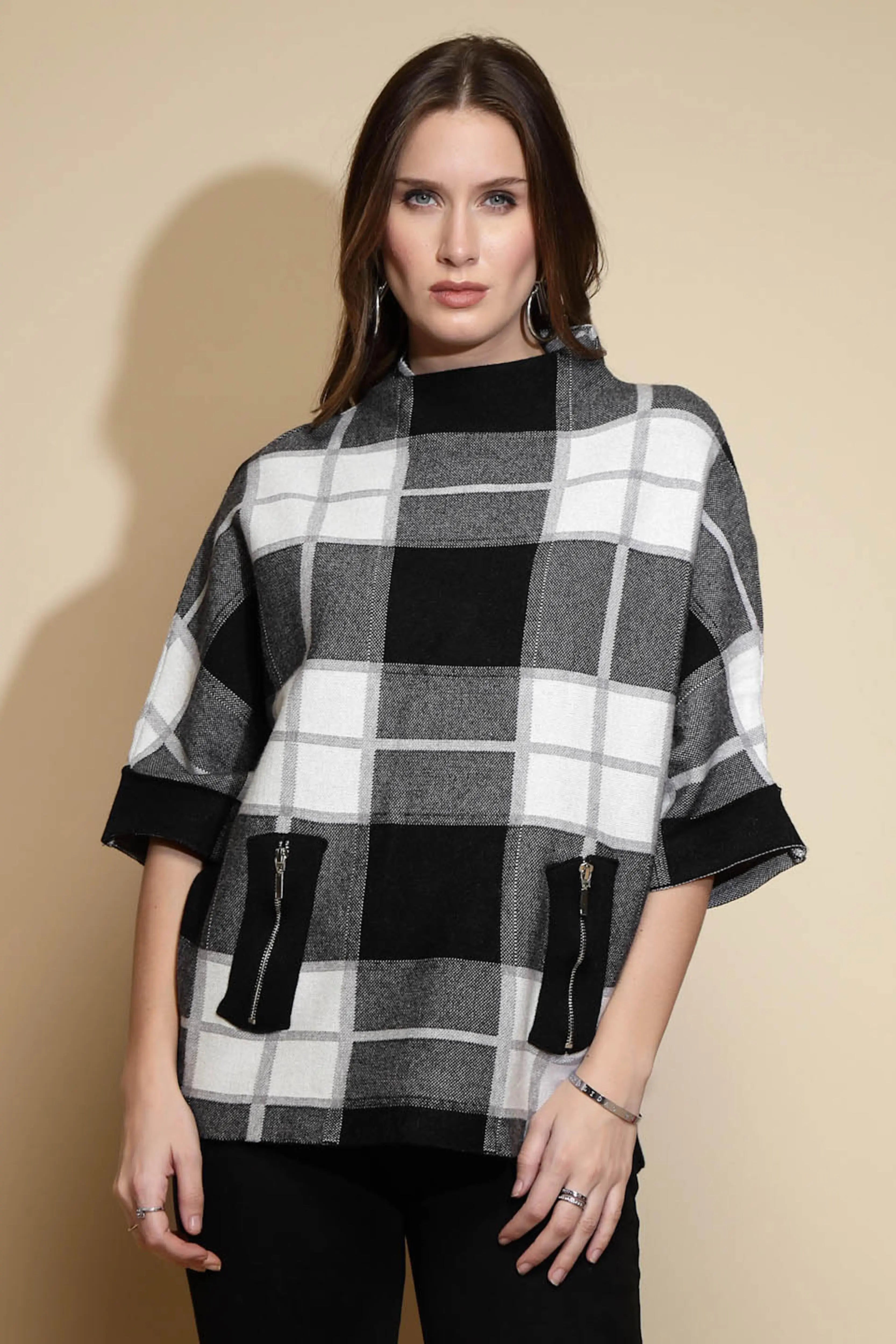 Black and White Check Raglan Sleeve Turtle Neck Acrylic Pullover Sweater - Global Republic