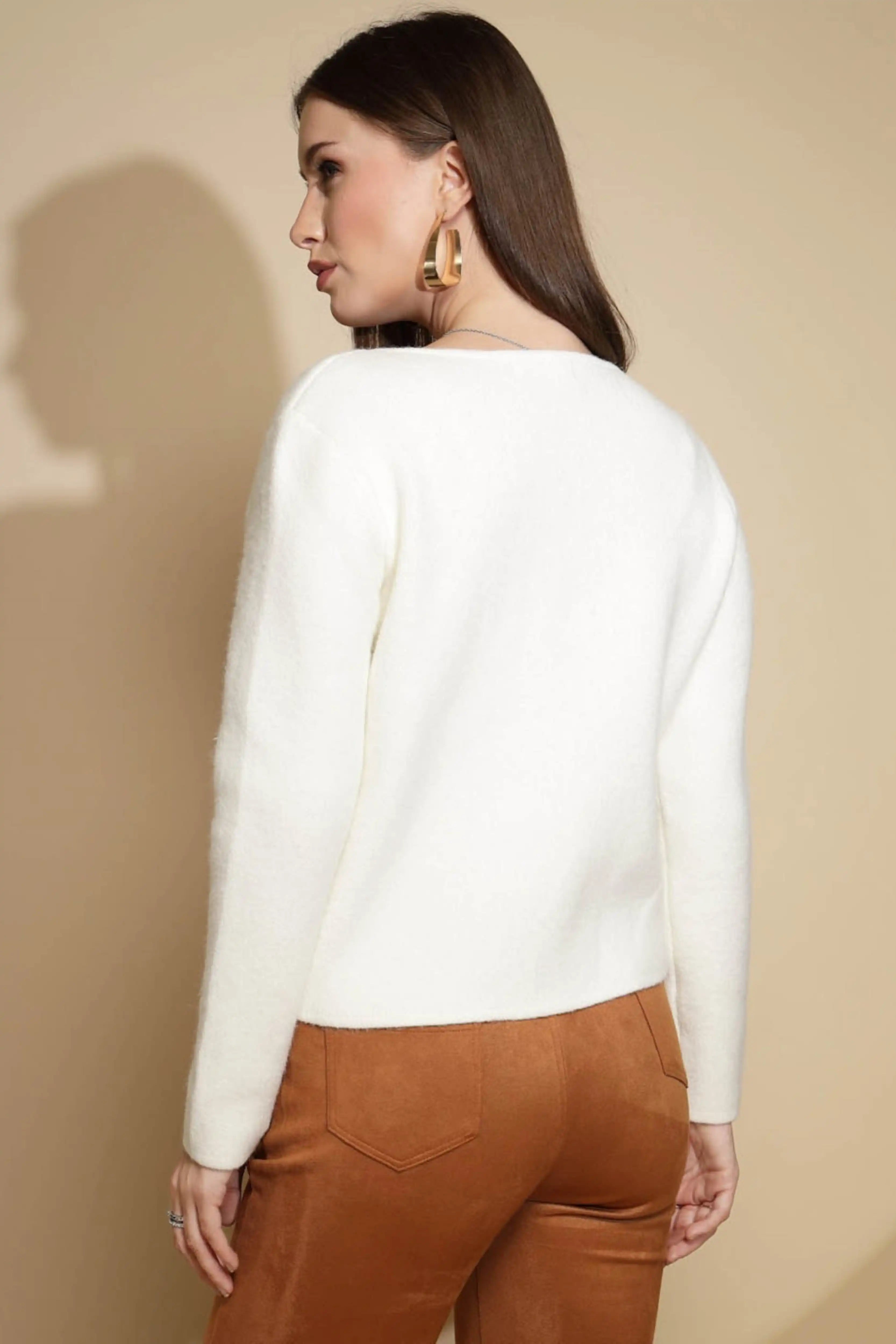 Off White Solid Acrylic Winter Coat