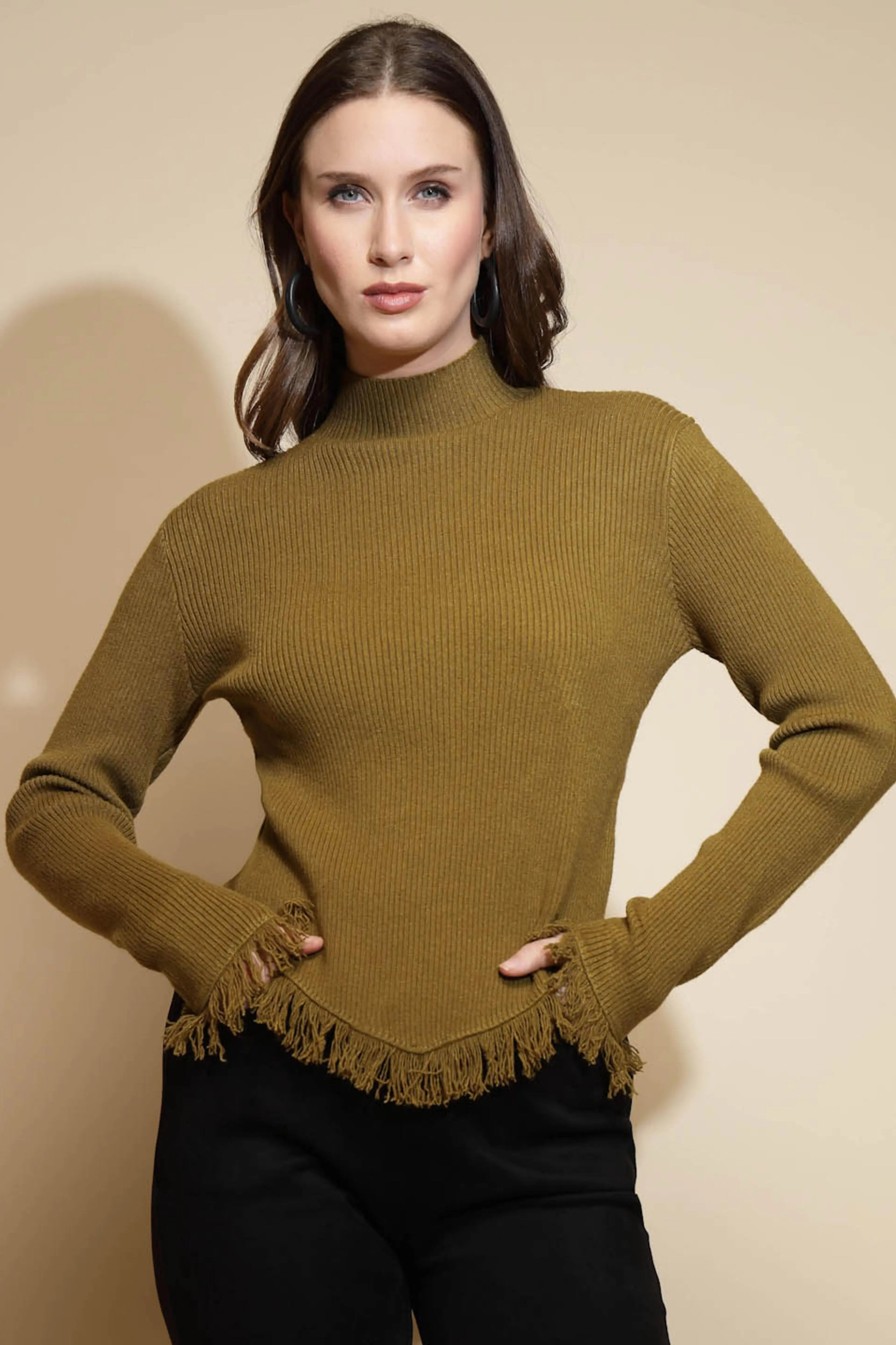 Olive Solid Full Sleeve Turtle Neck Woolen Fringed Pullover Sweater - Global Republic