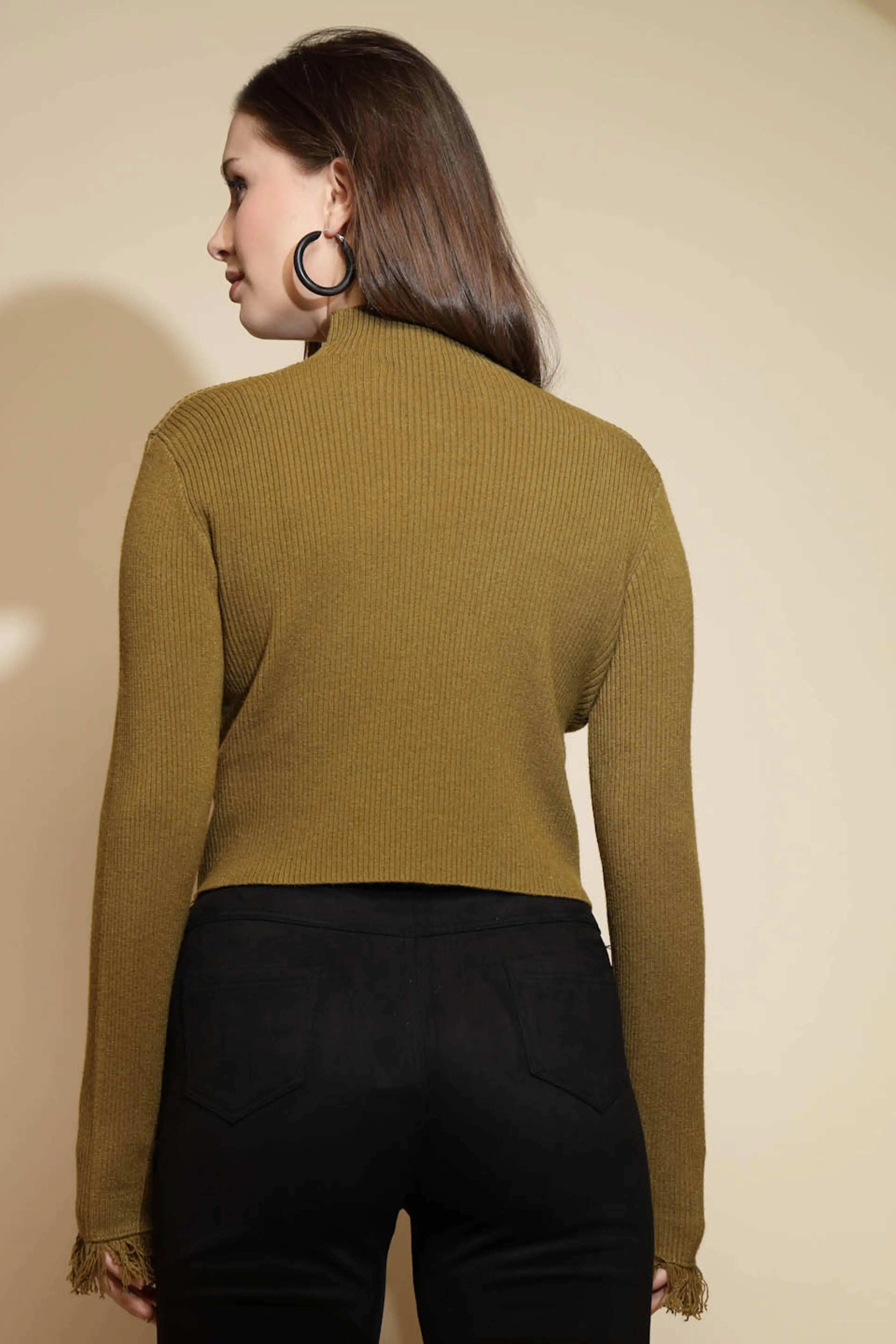 Olive Solid Woolen Fringed Pullover - Global Republic
