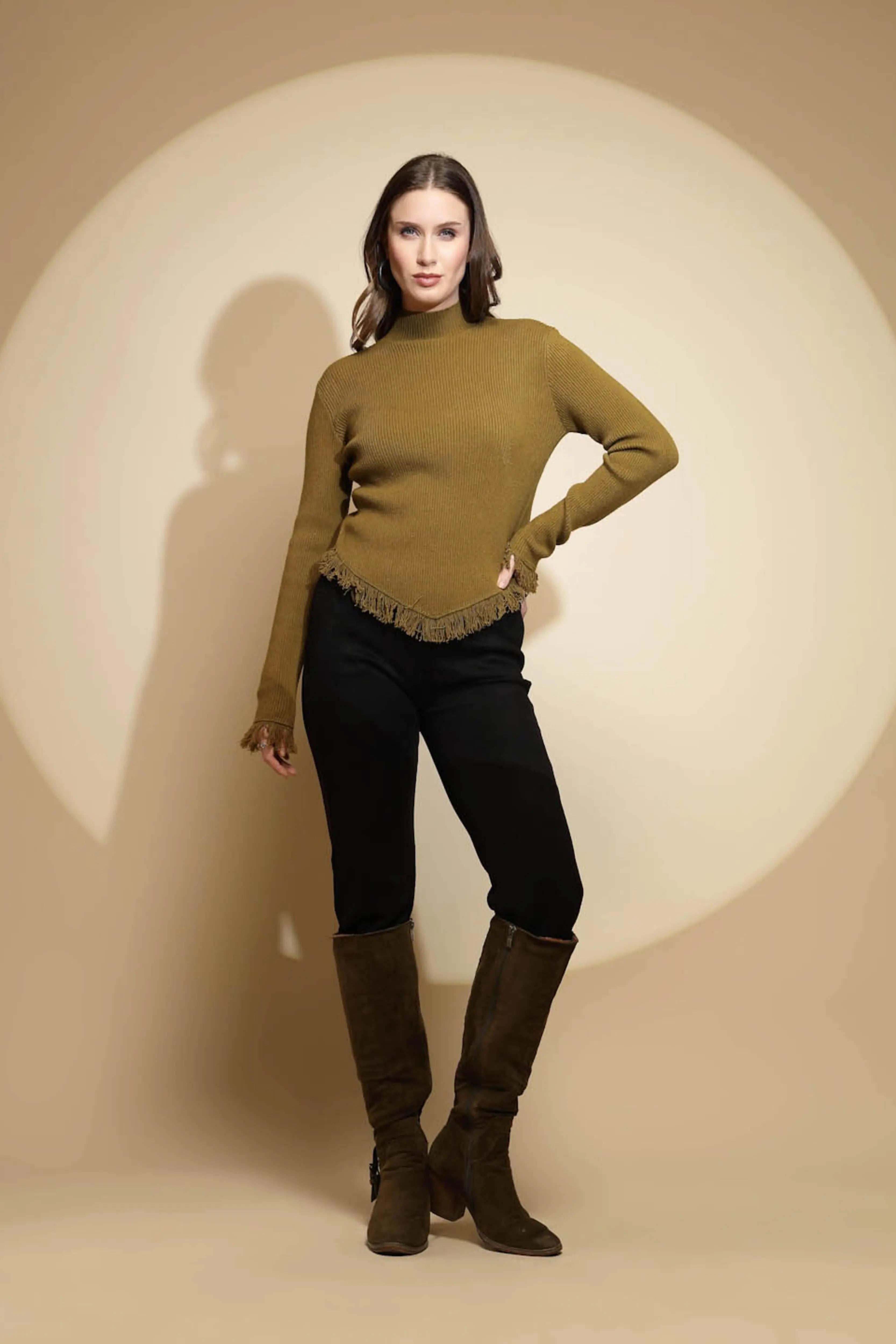 Olive Solid Woolen Fringed Pullover - Global Republic