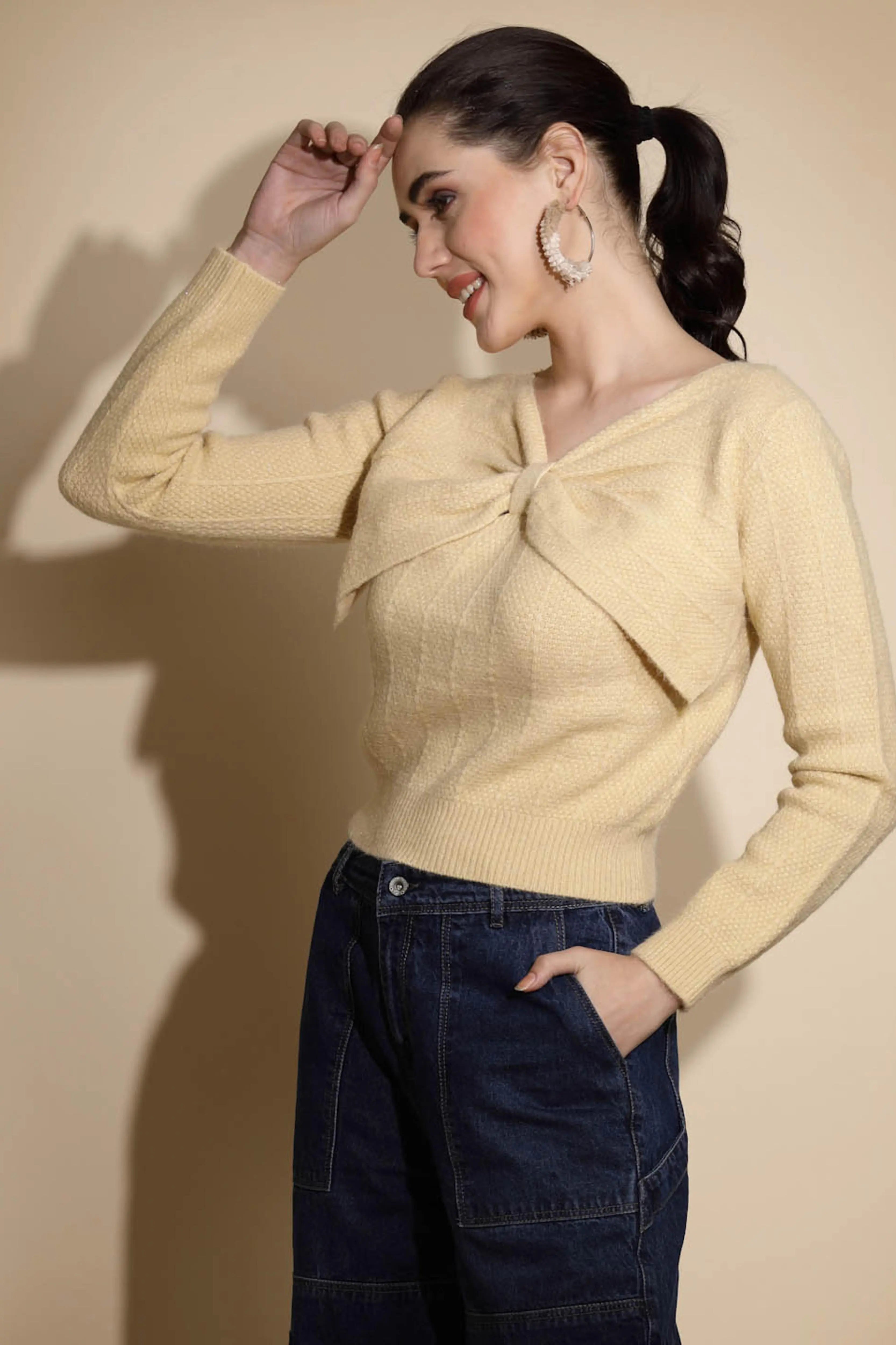 Beige Solid Knitted Pullover - Global Republic