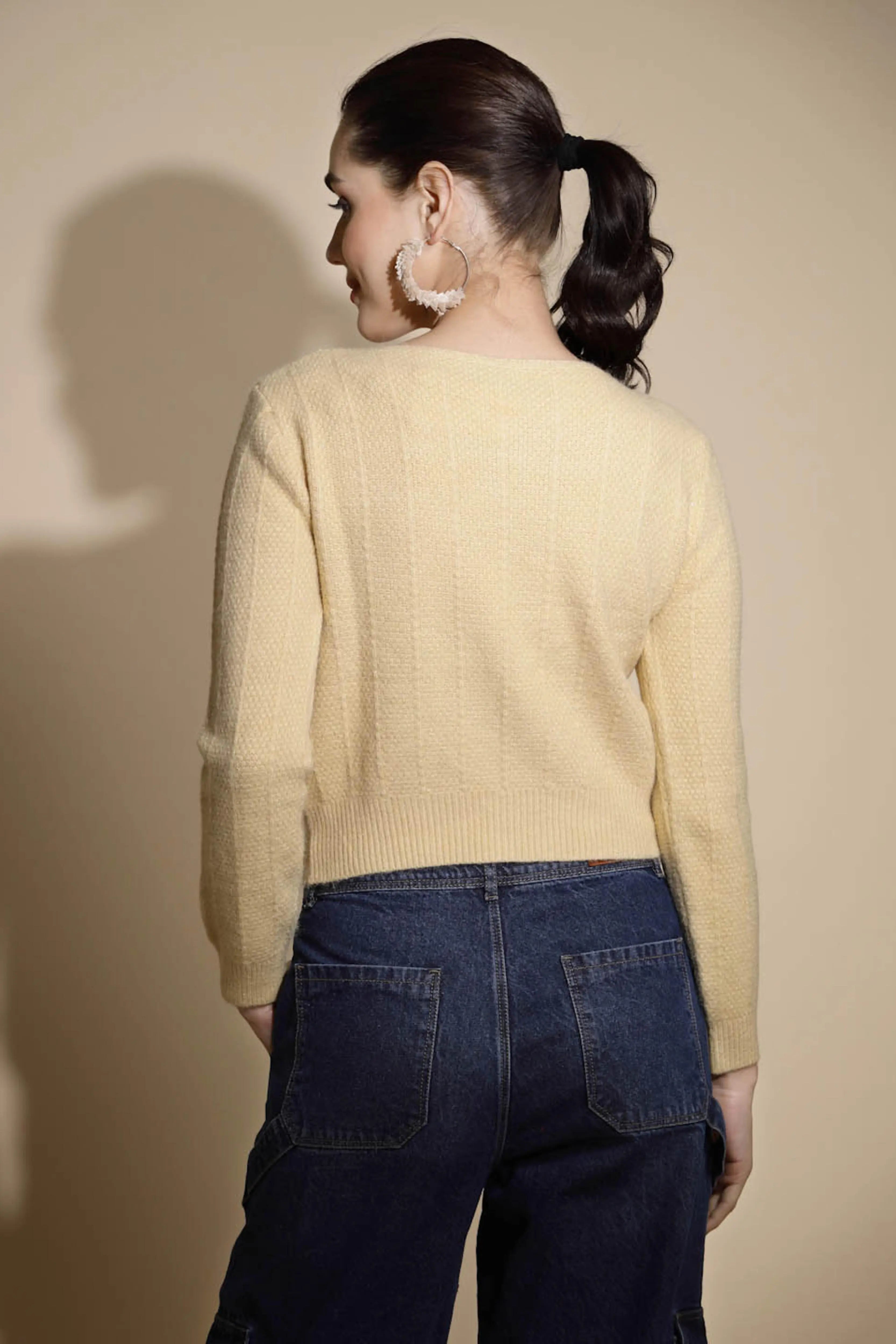 Beige Solid Knitted Pullover - Global Republic