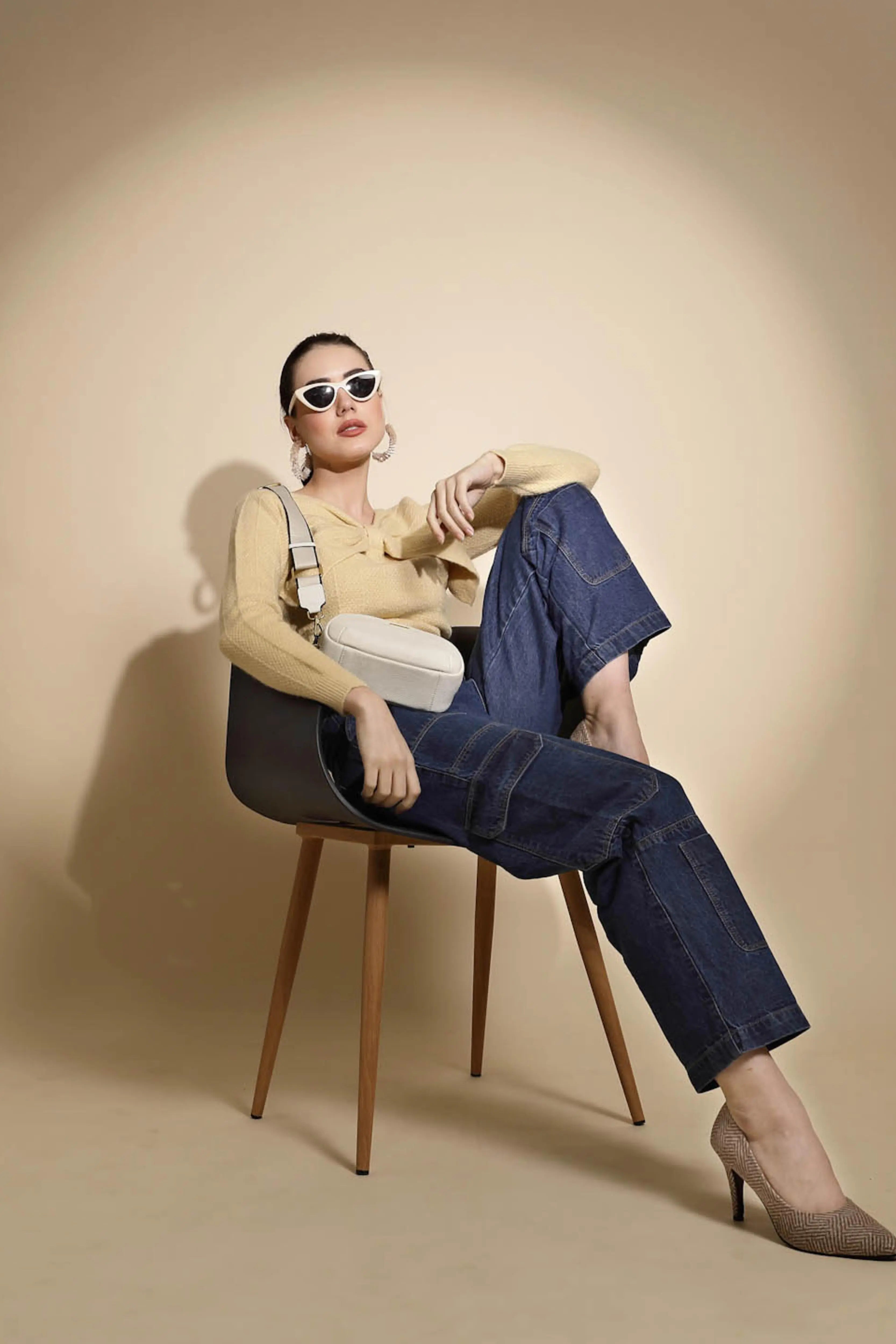 Beige Solid Knitted Pullover - Global Republic