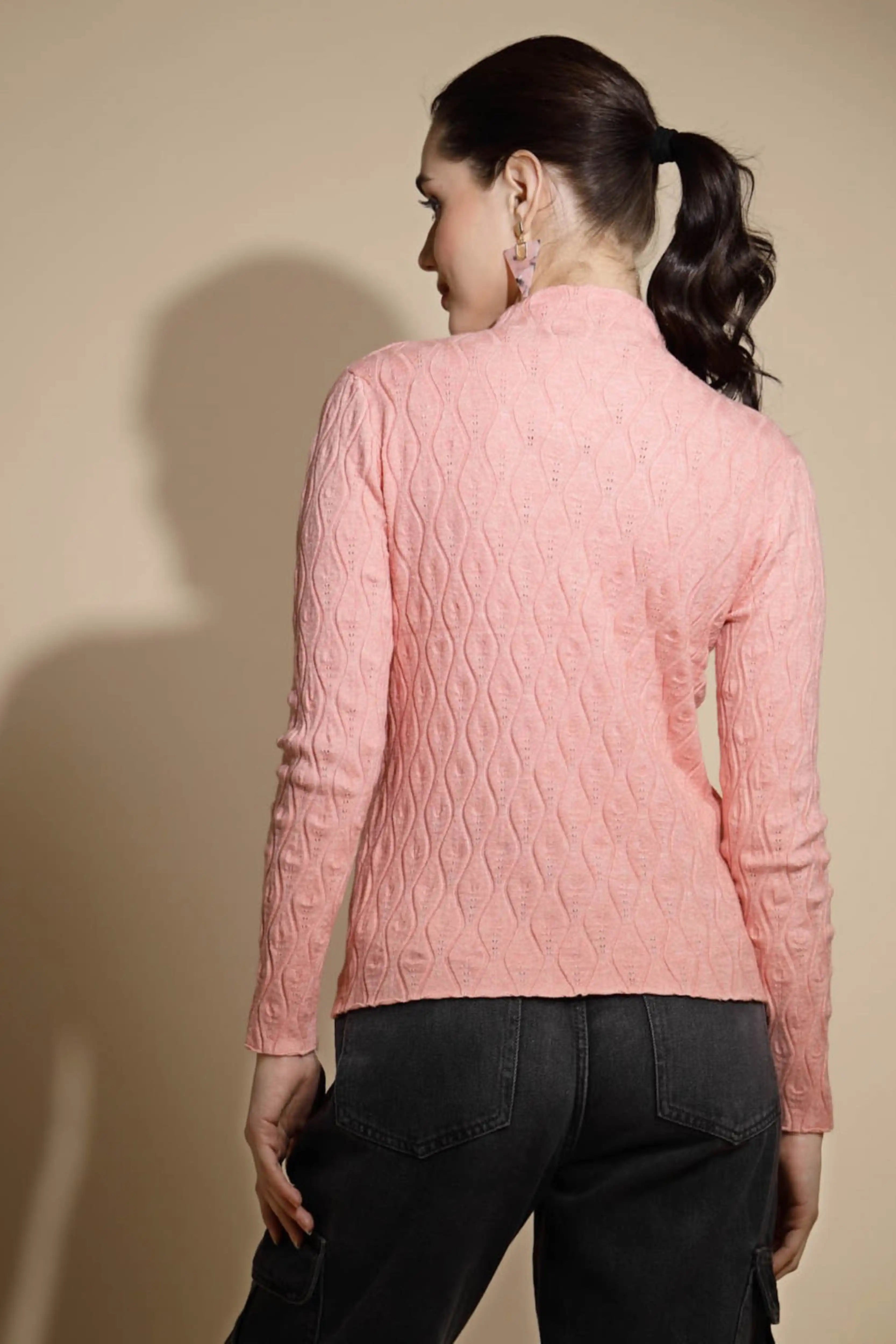 Peach Self Design Knitted Pullover - Global Republic