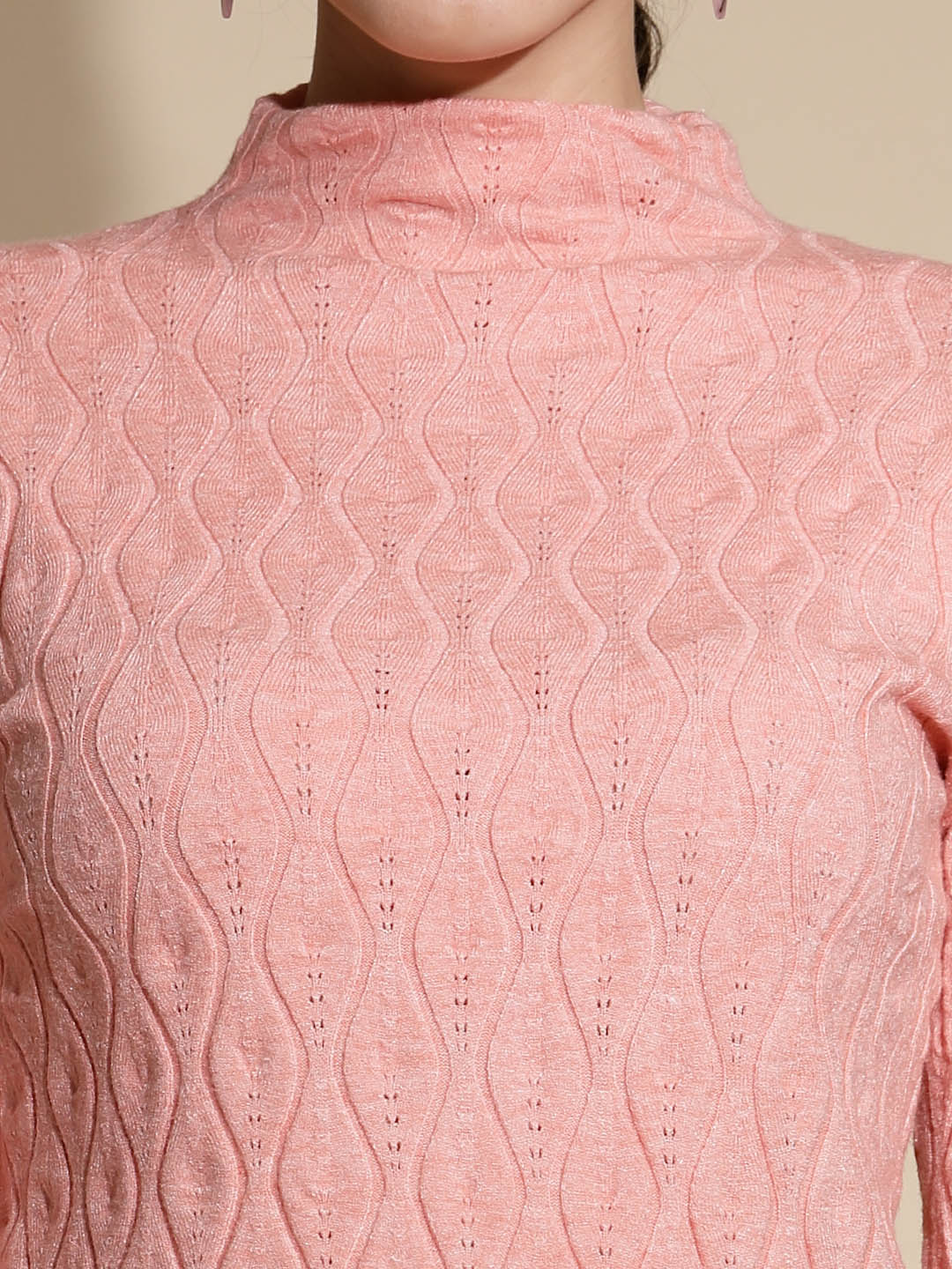 Peach Self Design Knitted Pullover