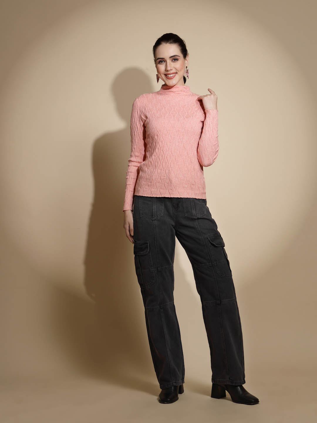 Peach Self Design Knitted Pullover