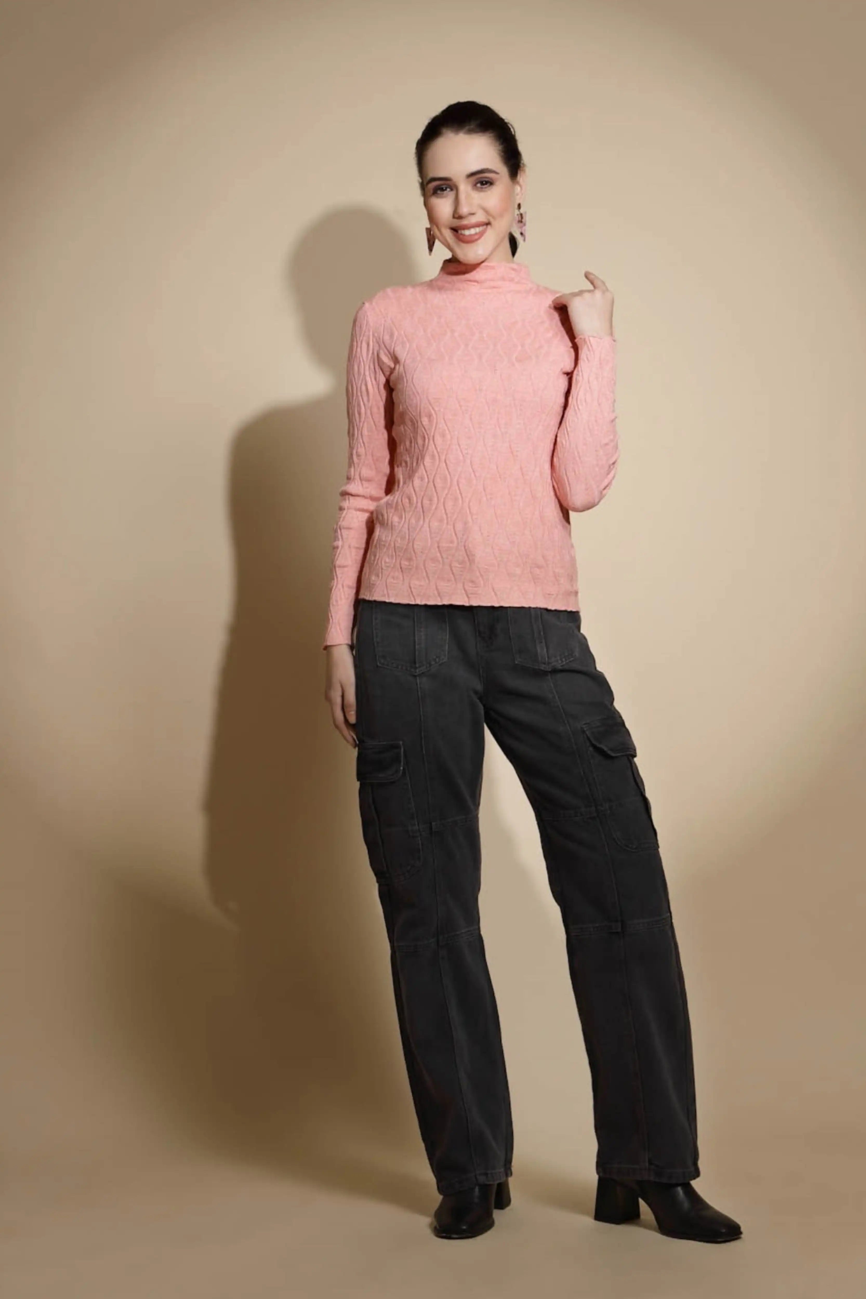 Peach Self Design Knitted Pullover - Global Republic