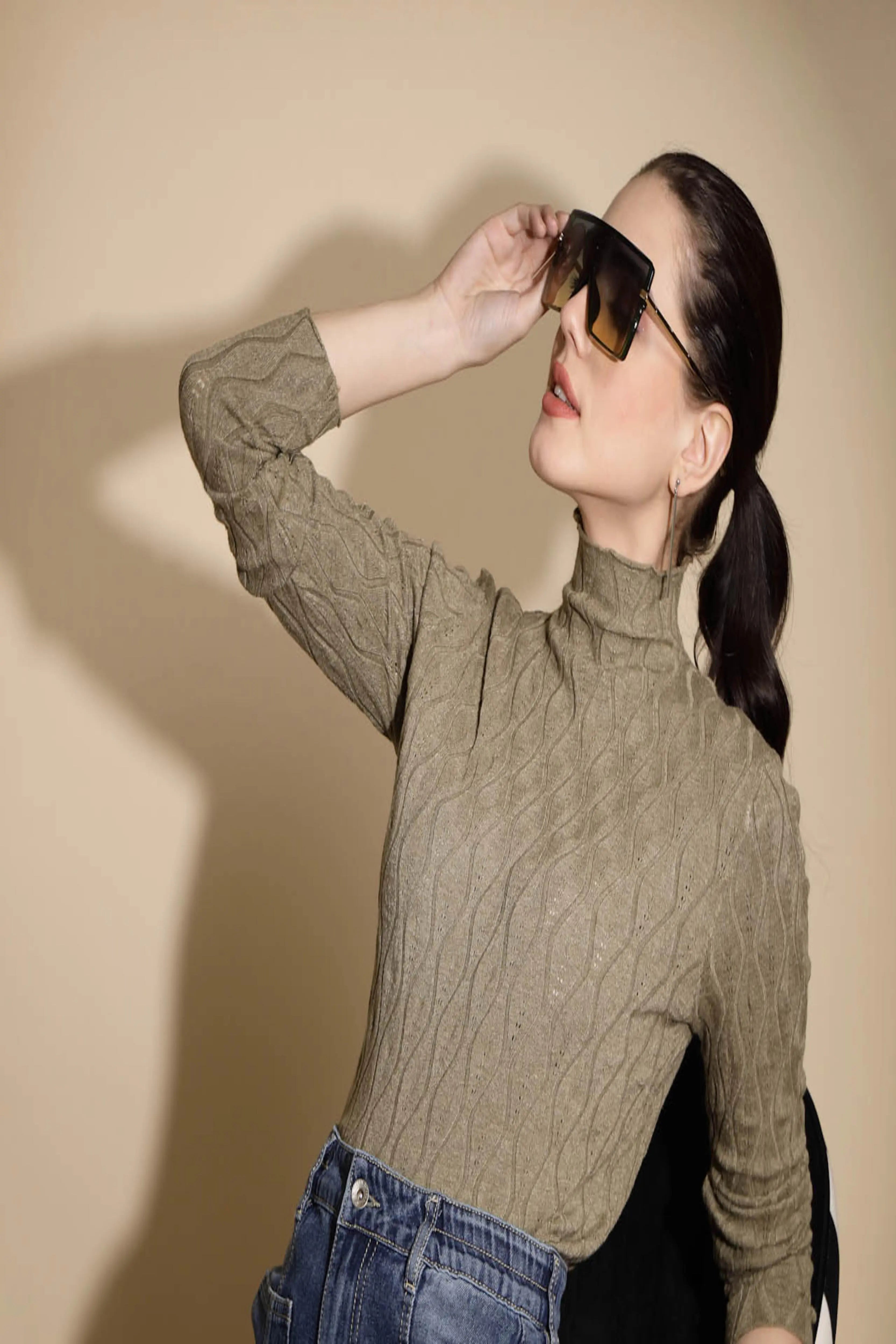 Brown Solid Knitted Casual Skivvy