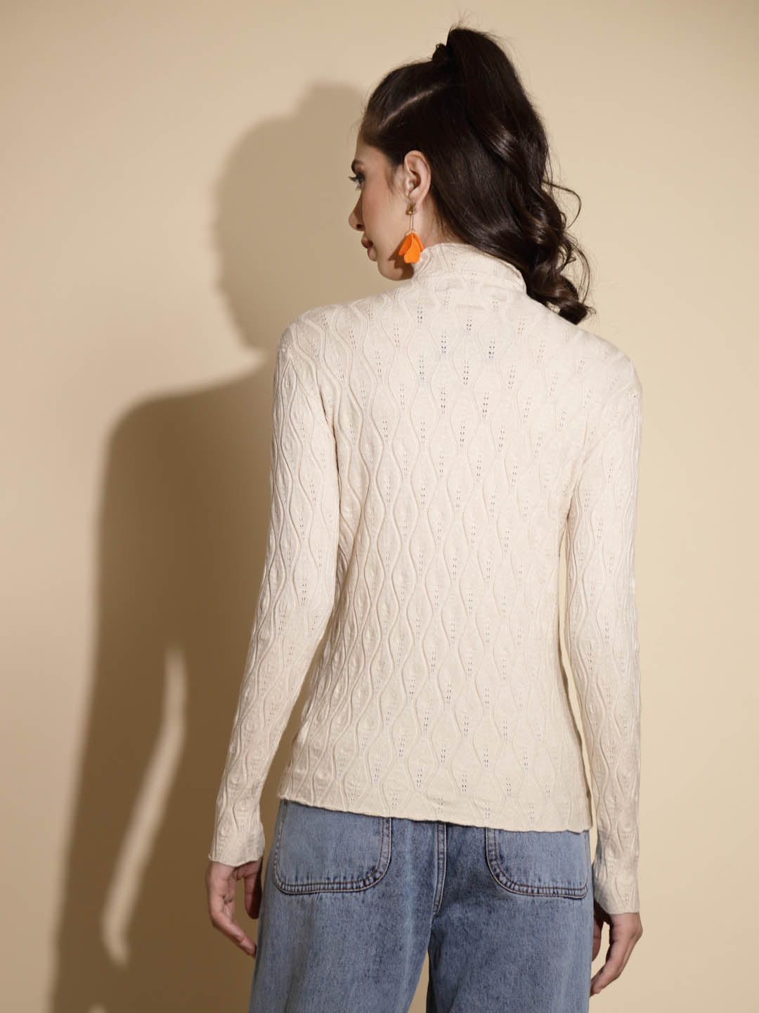 Beige Textured Turtle Neck Pullover