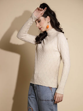 Beige Textured Turtle Neck Pullover