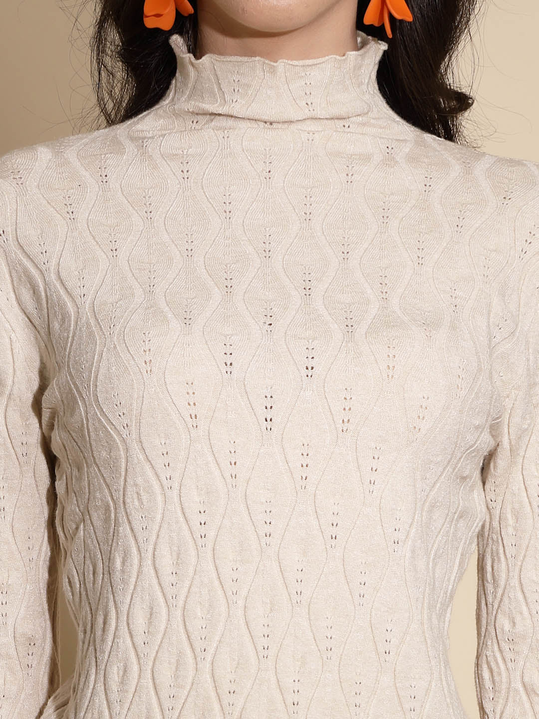 Beige Textured Turtle Neck Pullover