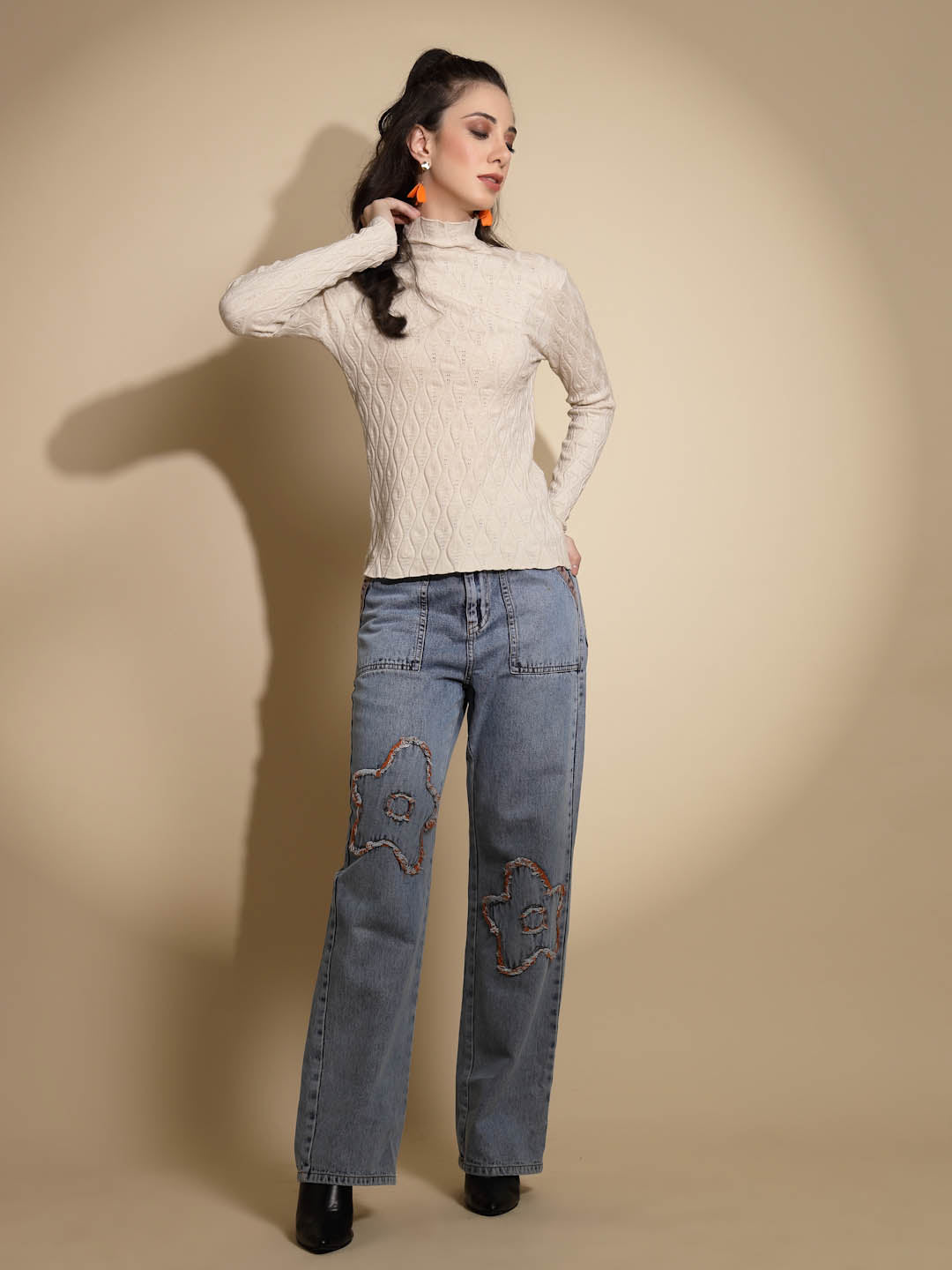 Beige Textured Turtle Neck Pullover