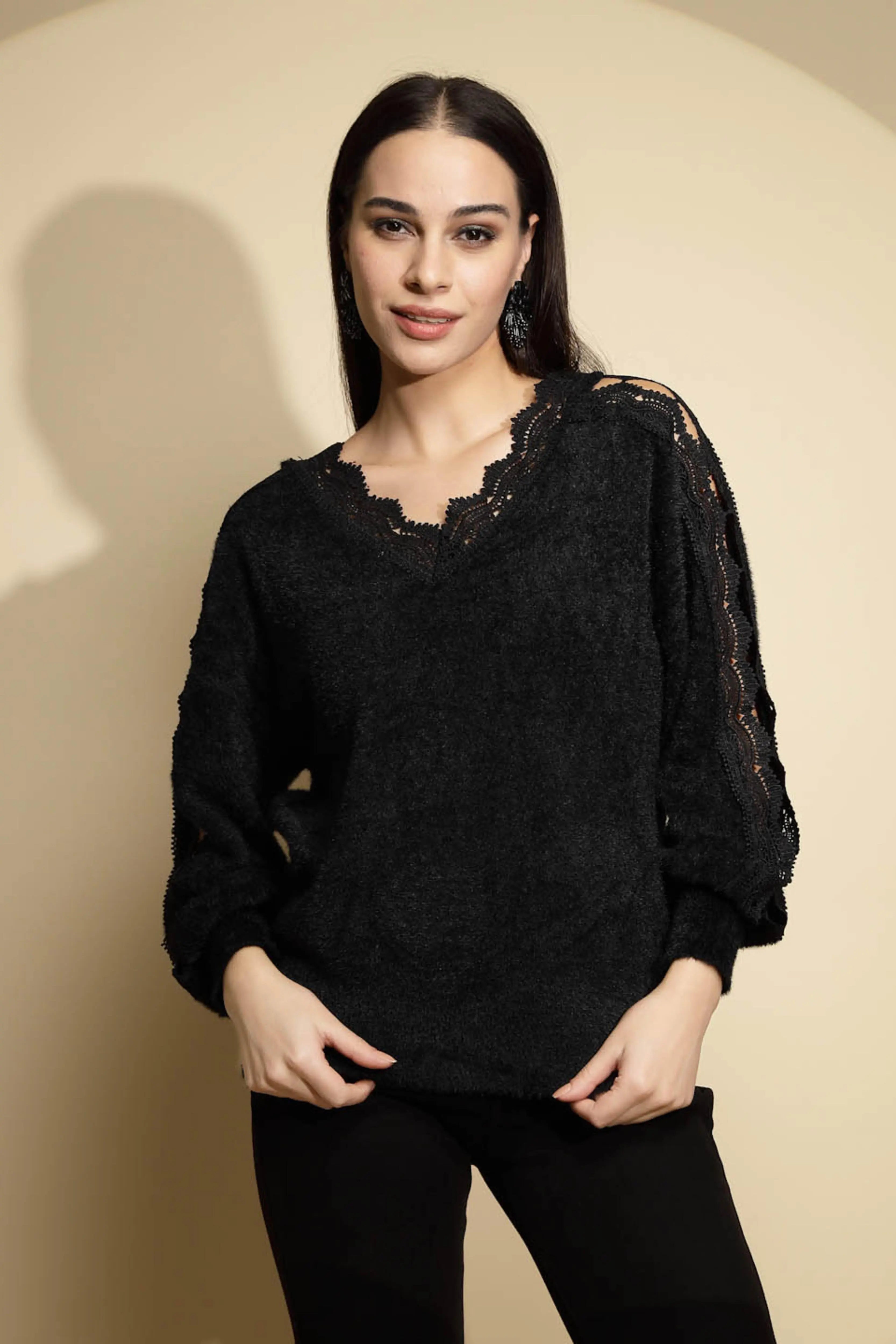 Black Embellished Relaxed Fit Pullover - Global Republic