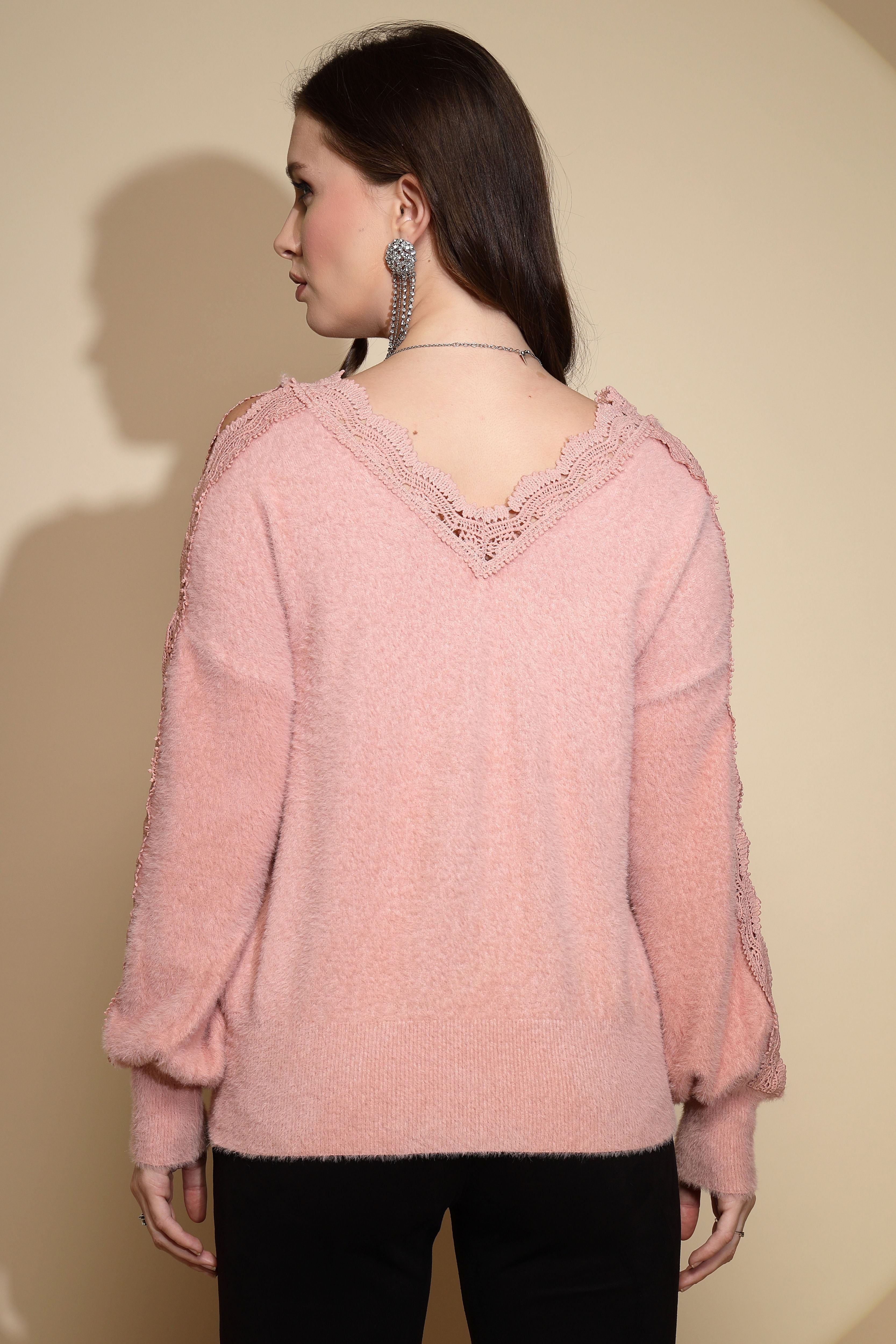 Pink Solid V-Neck Acrylic Pullover