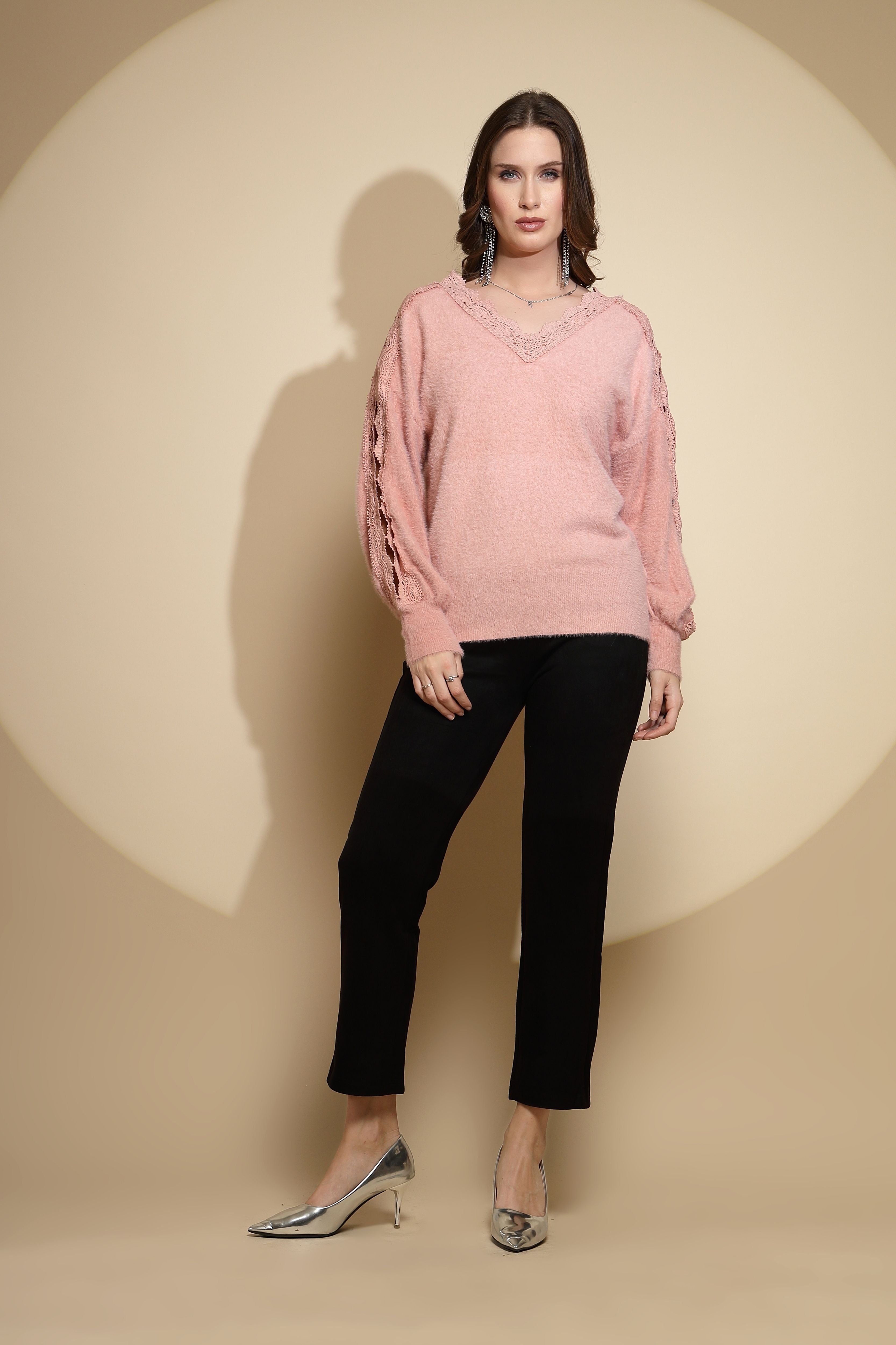 Pink Solid V-Neck Acrylic Pullover