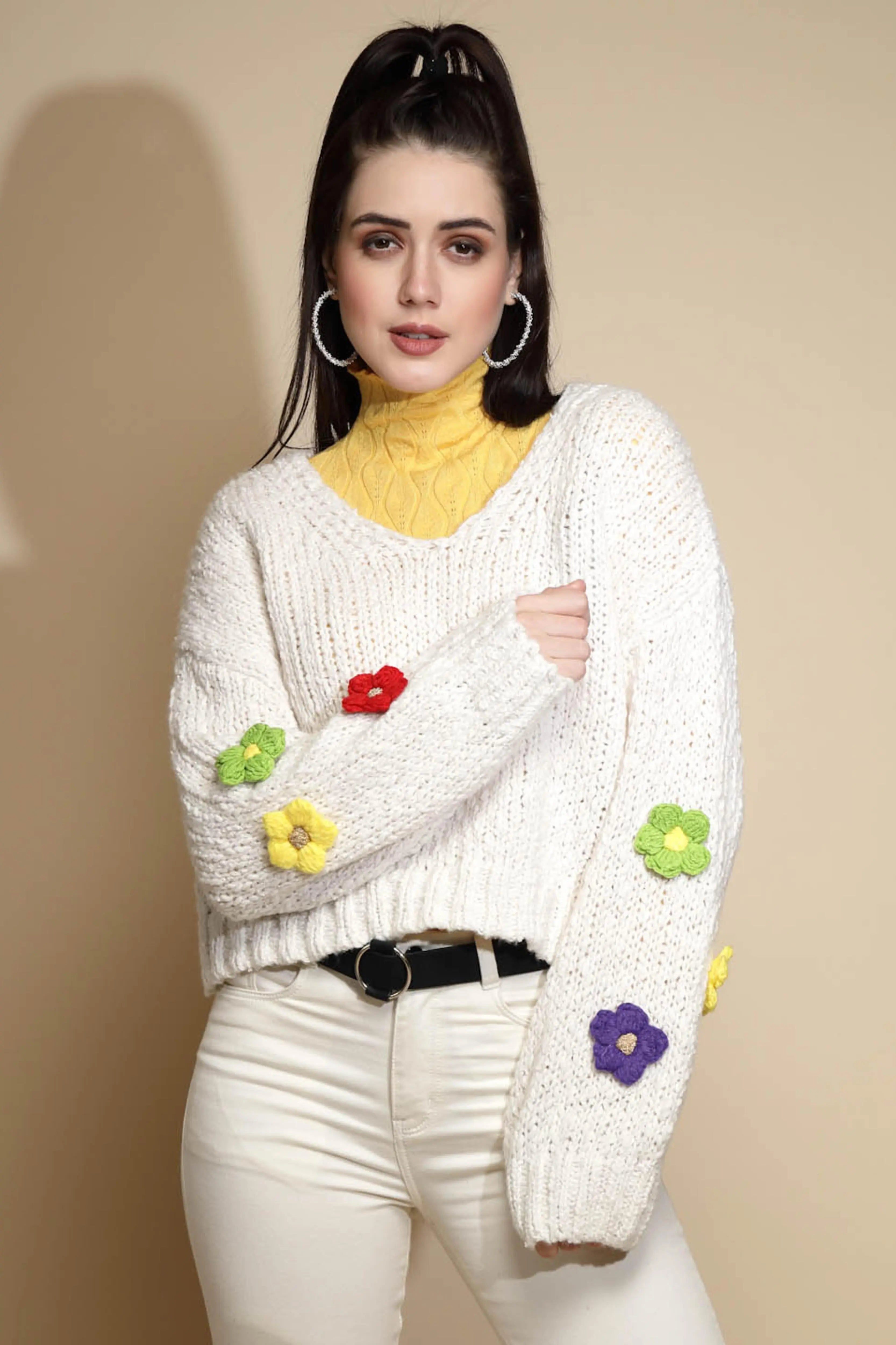 Off White Embellished Full Sleeve V-Neck Acrylic Pullover Sweater - Global Republic