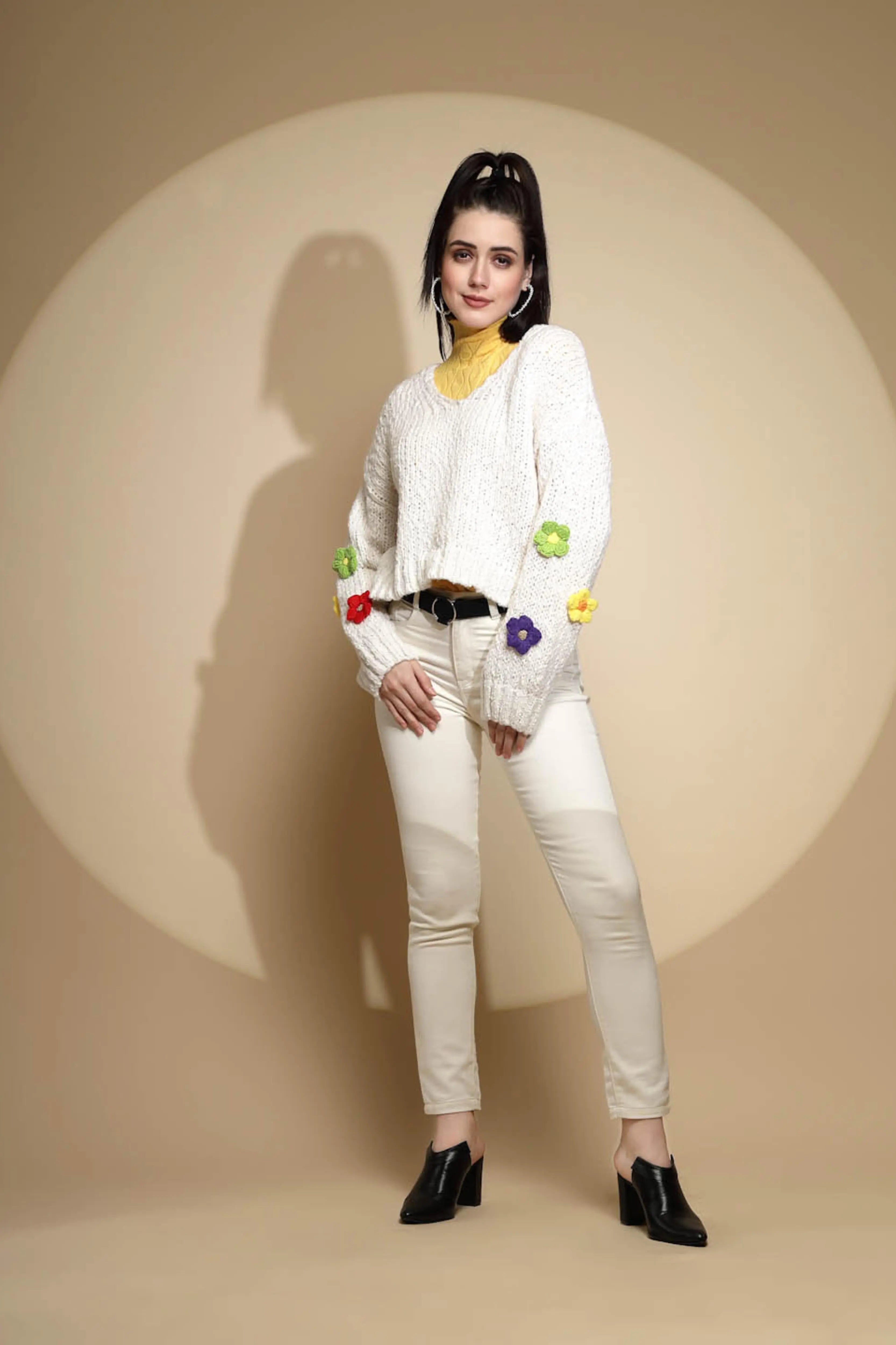 Off White Embellished Full Sleeve V-Neck Acrylic Pullover Sweater - Global Republic