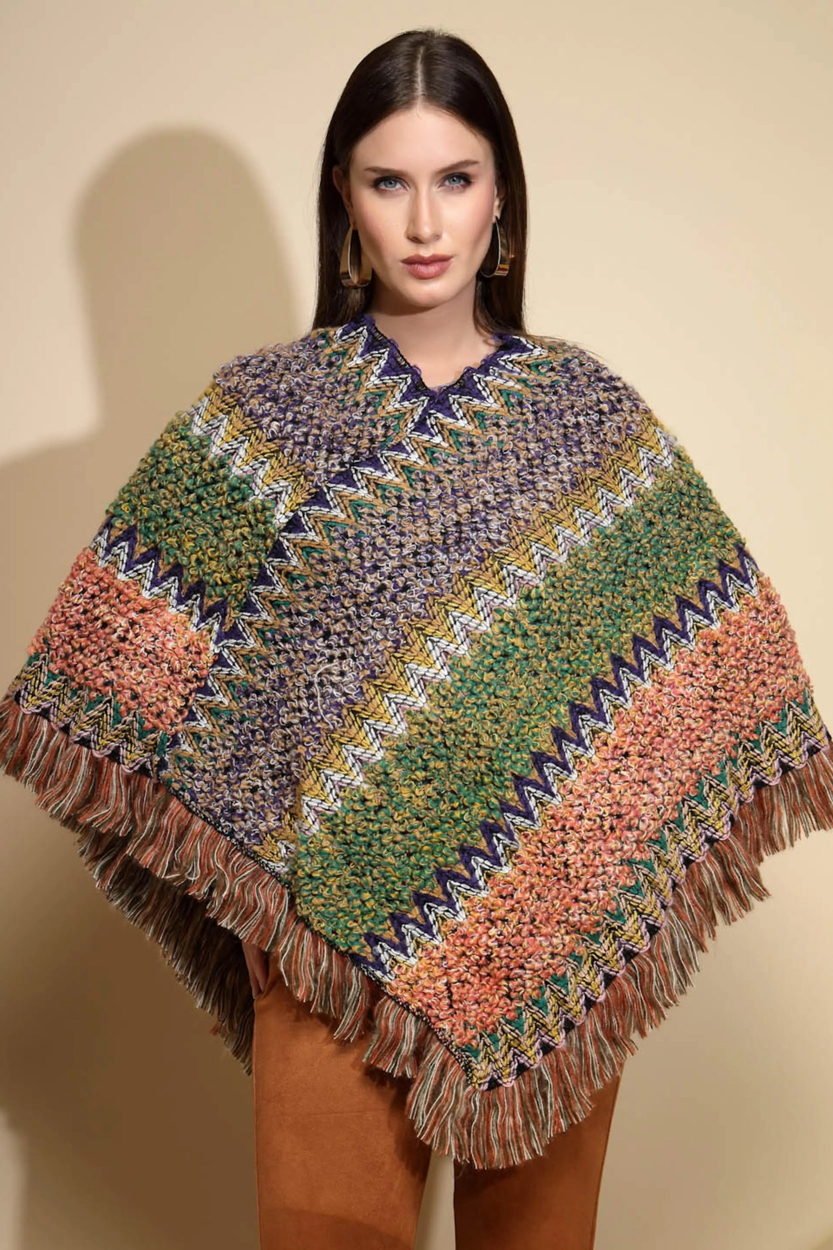 Green Abstract print V-Neck Acrylic Poncho - Global Republic