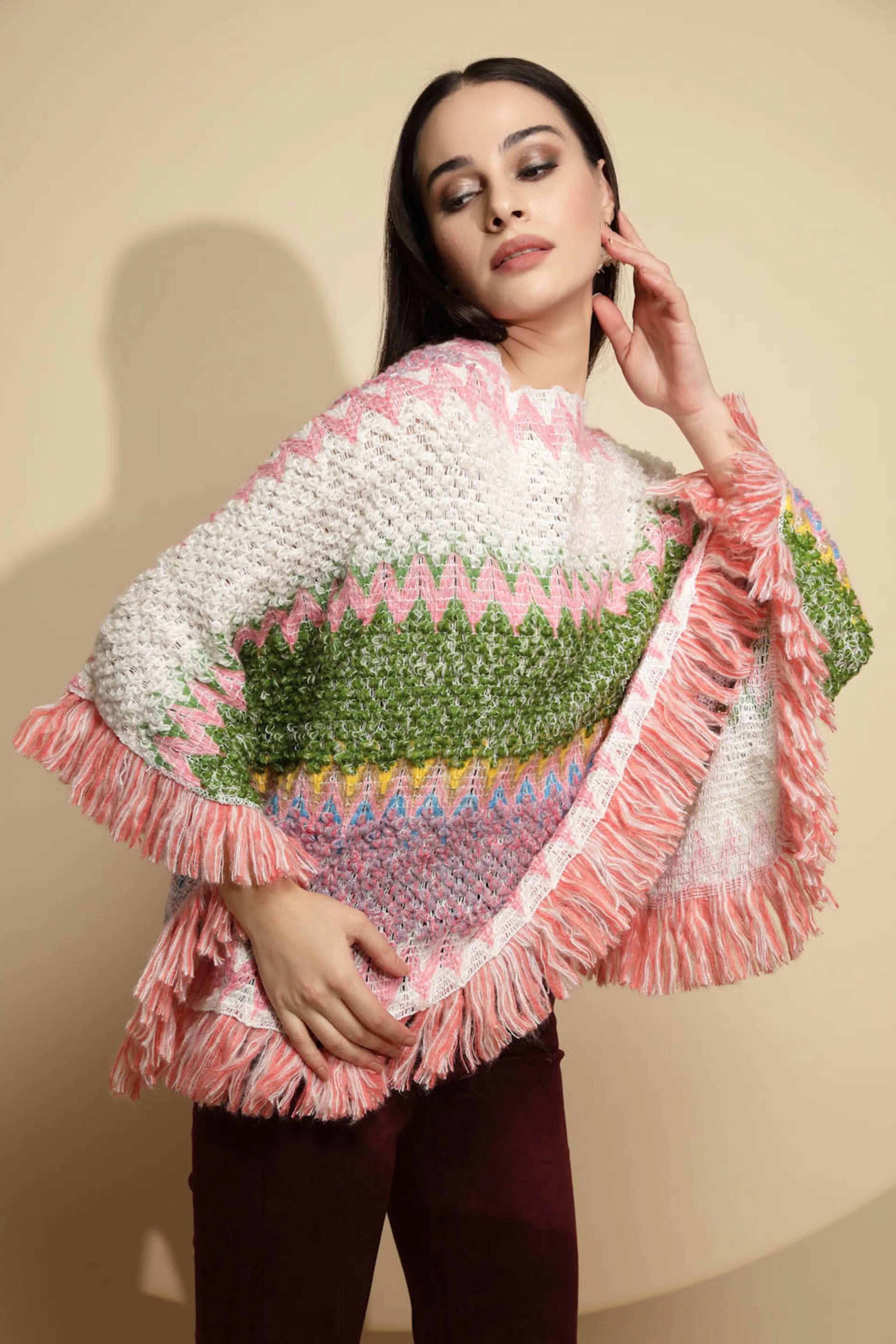 Multicolor Abstract Print Full Sleeve Boat Neck Acrylic Poncho - Global Republic