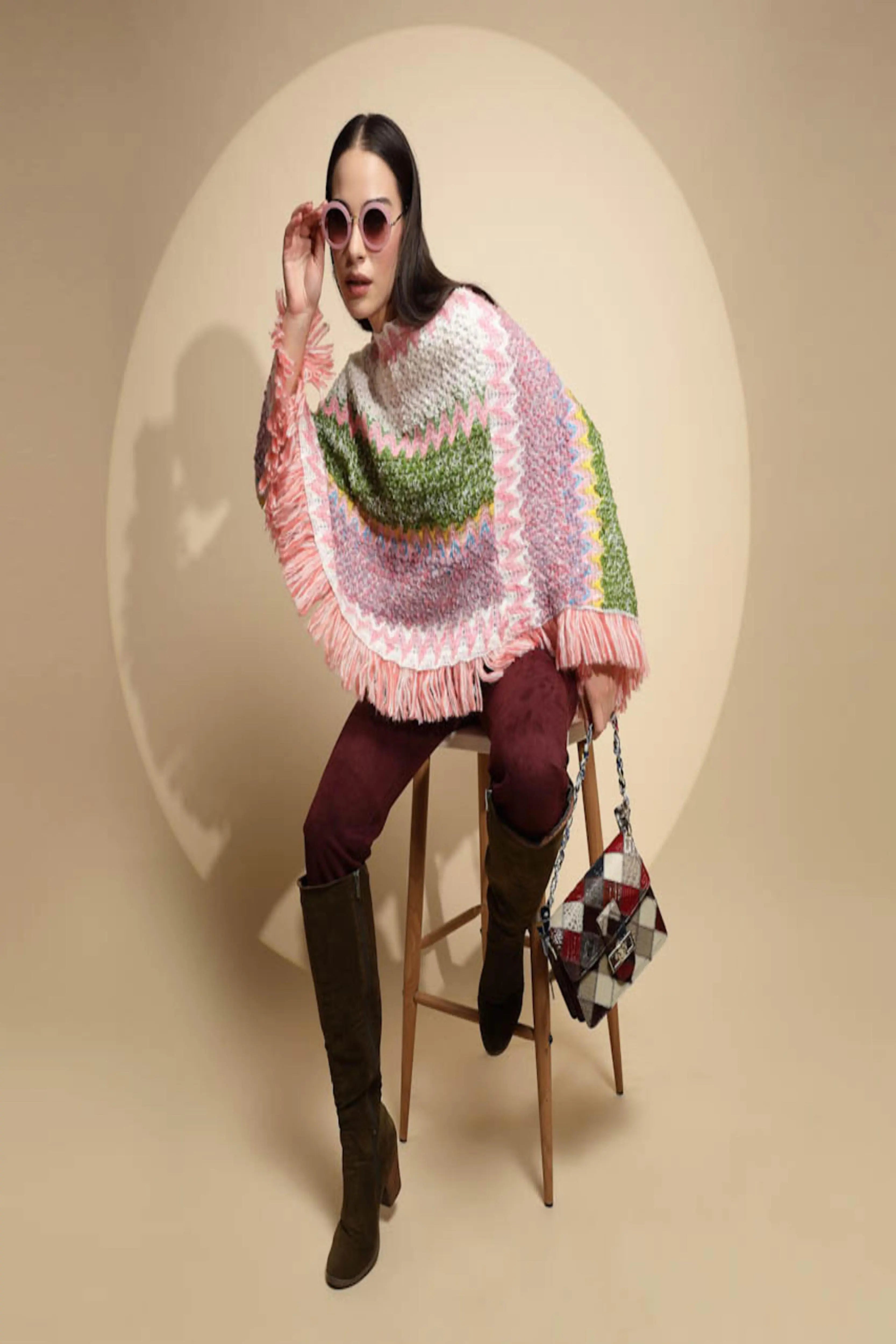 Multicolor Abstract Print Full Sleeve Boat Neck Acrylic Poncho - Global Republic