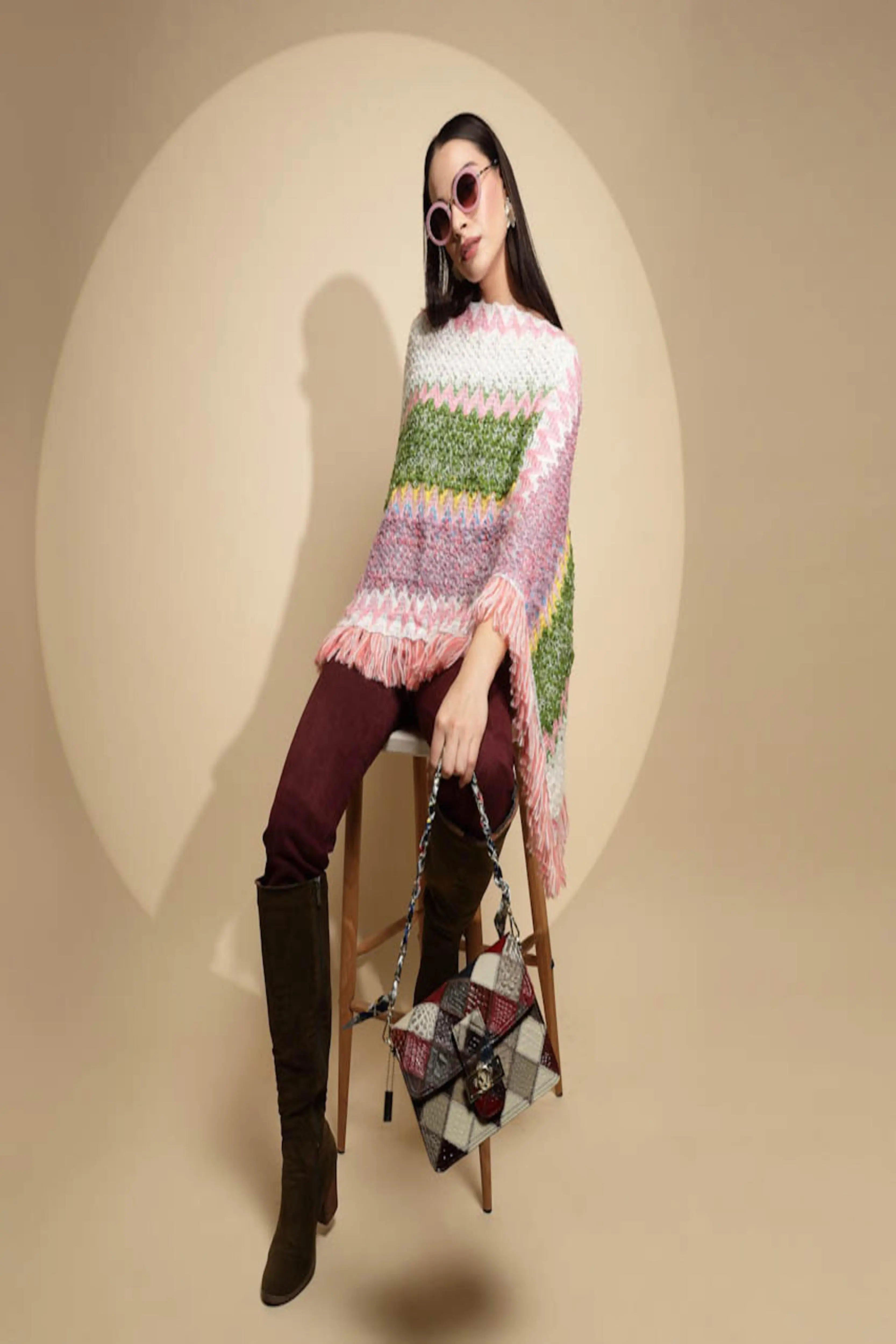 Multicolor Abstract Print Full Sleeve Boat Neck Acrylic Poncho - Global Republic
