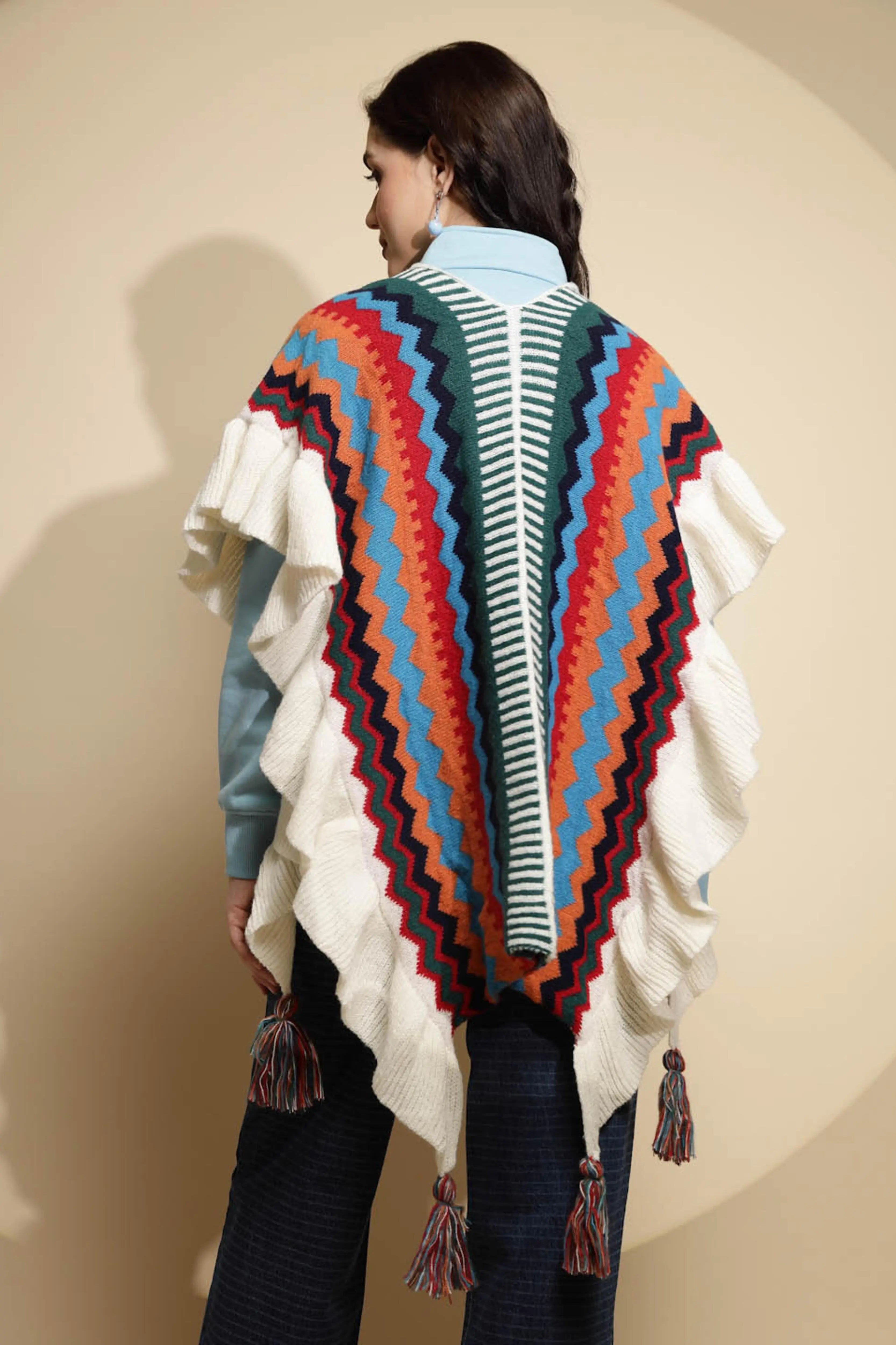 Multicolor Abstract Print Half Sleeve Open Neck Acrylic Cape - Global Republic
