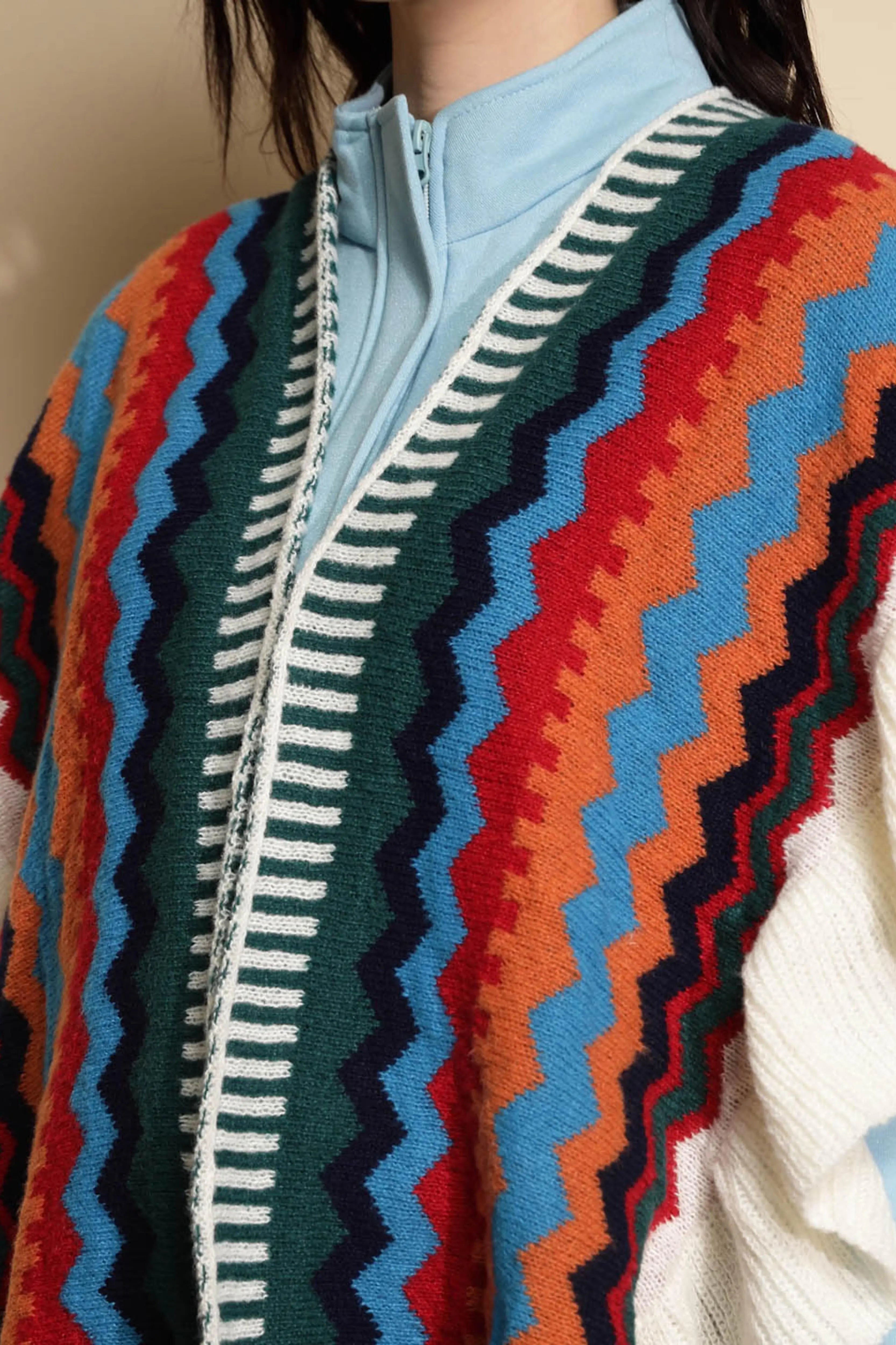 Multicolor Abstract Print Half Sleeve Open Neck Acrylic Cape - Global Republic