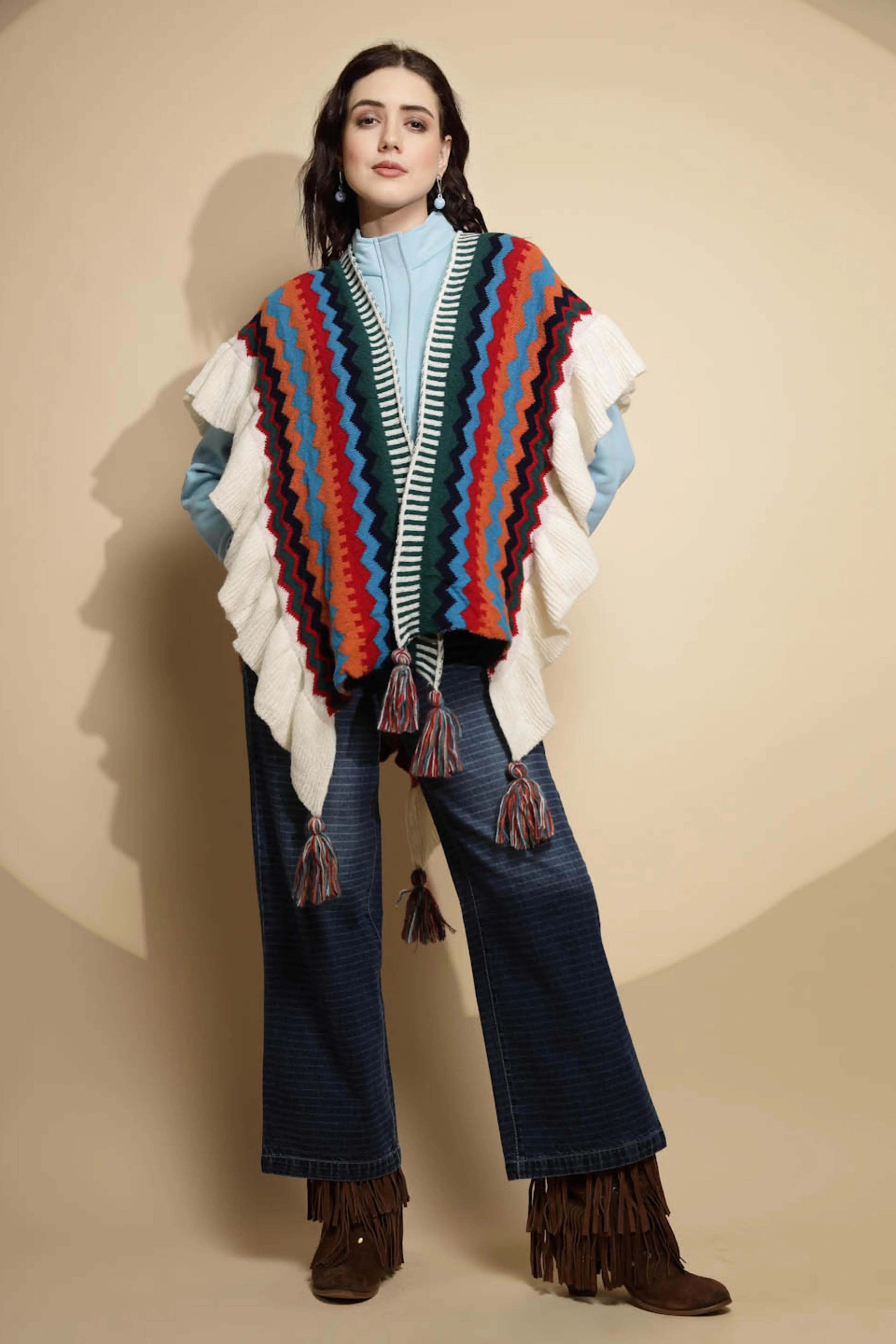 Multicolor Abstract Print Half Sleeve Open Neck Acrylic Cape - Global Republic