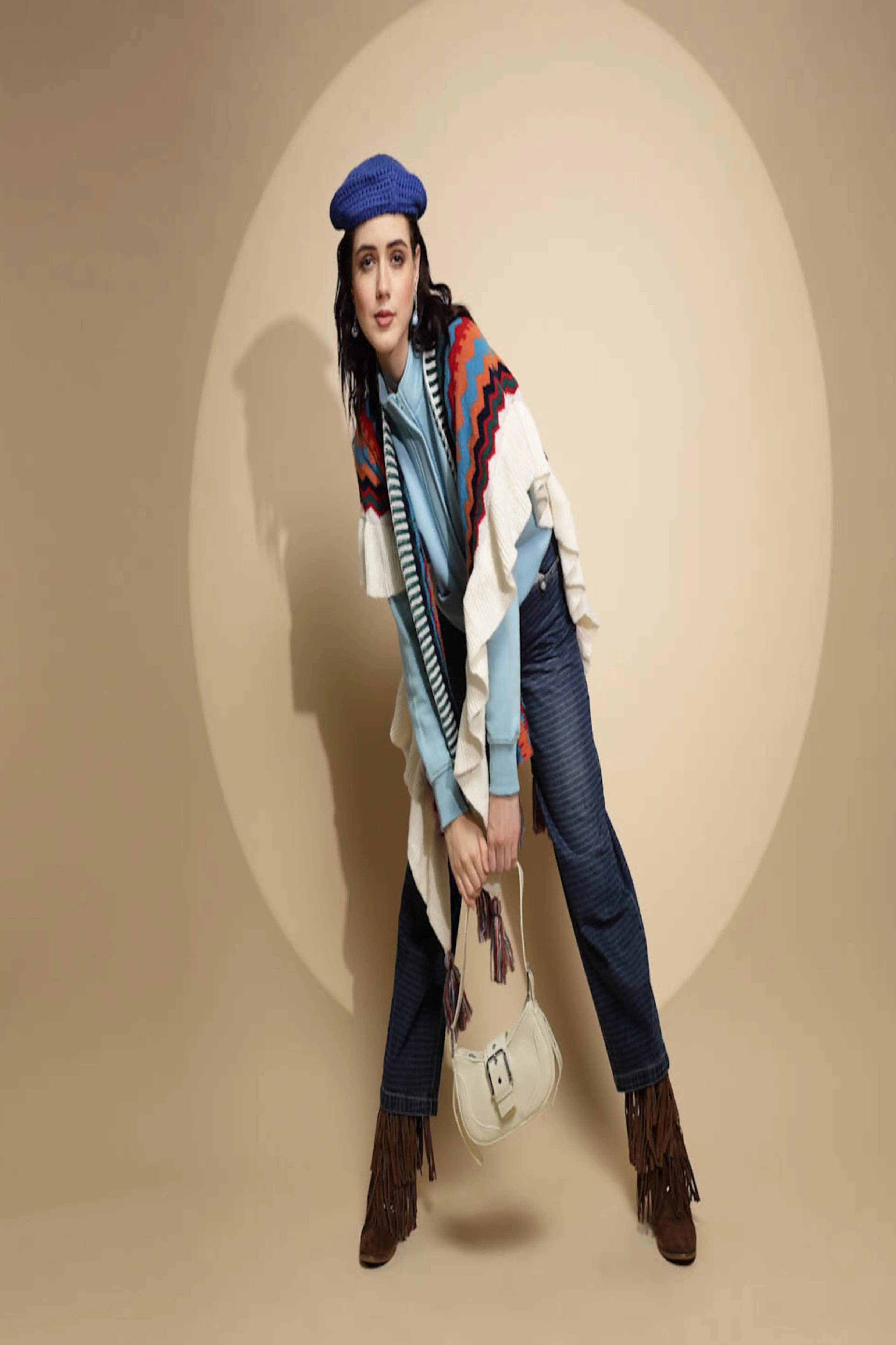 Multicolor Abstract Print Half Sleeve Open Neck Acrylic Cape - Global Republic