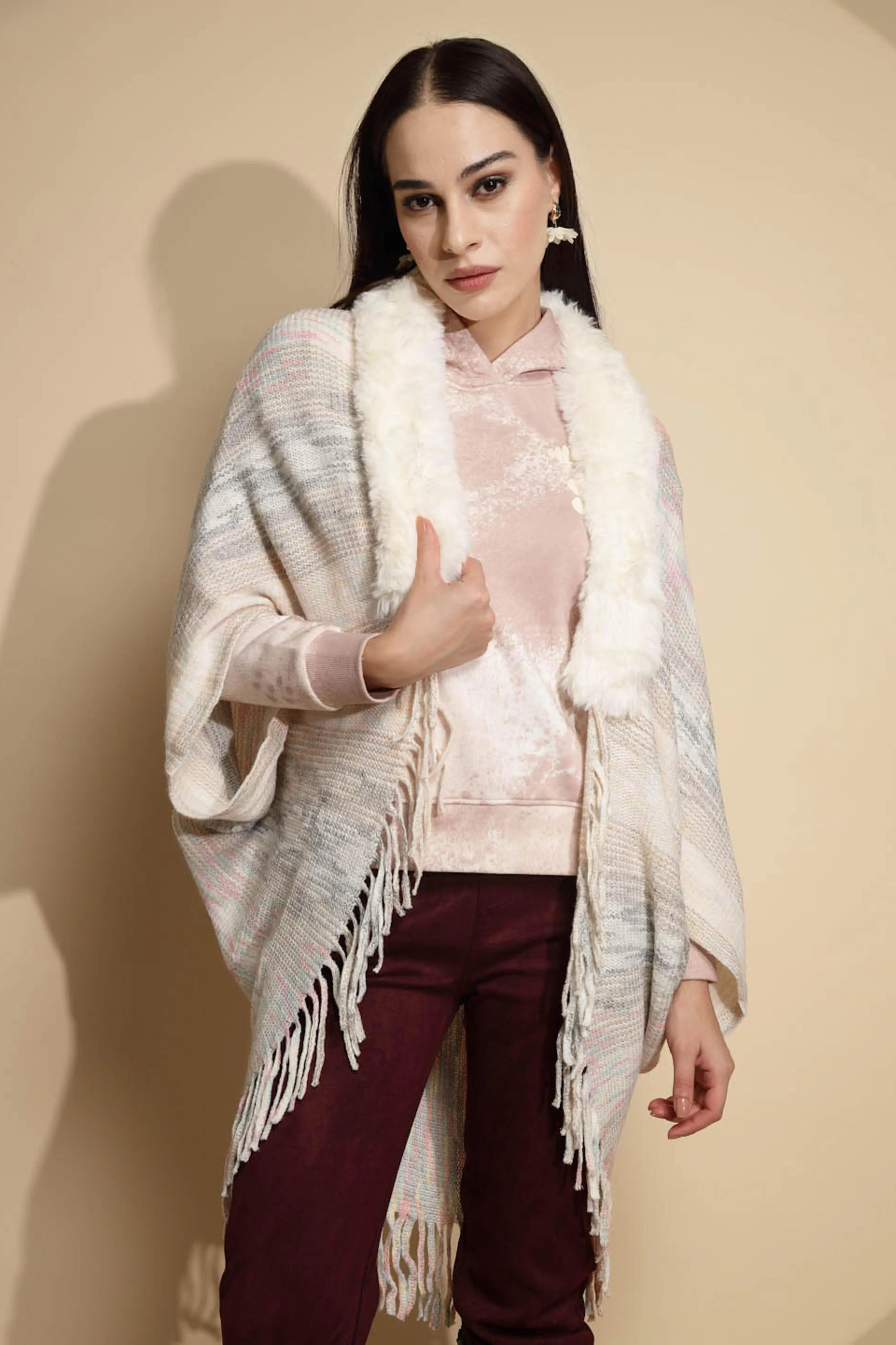Off White Abstract Print Three Quarter Sleeve Open Neck Acrylic Cape - Global Republic