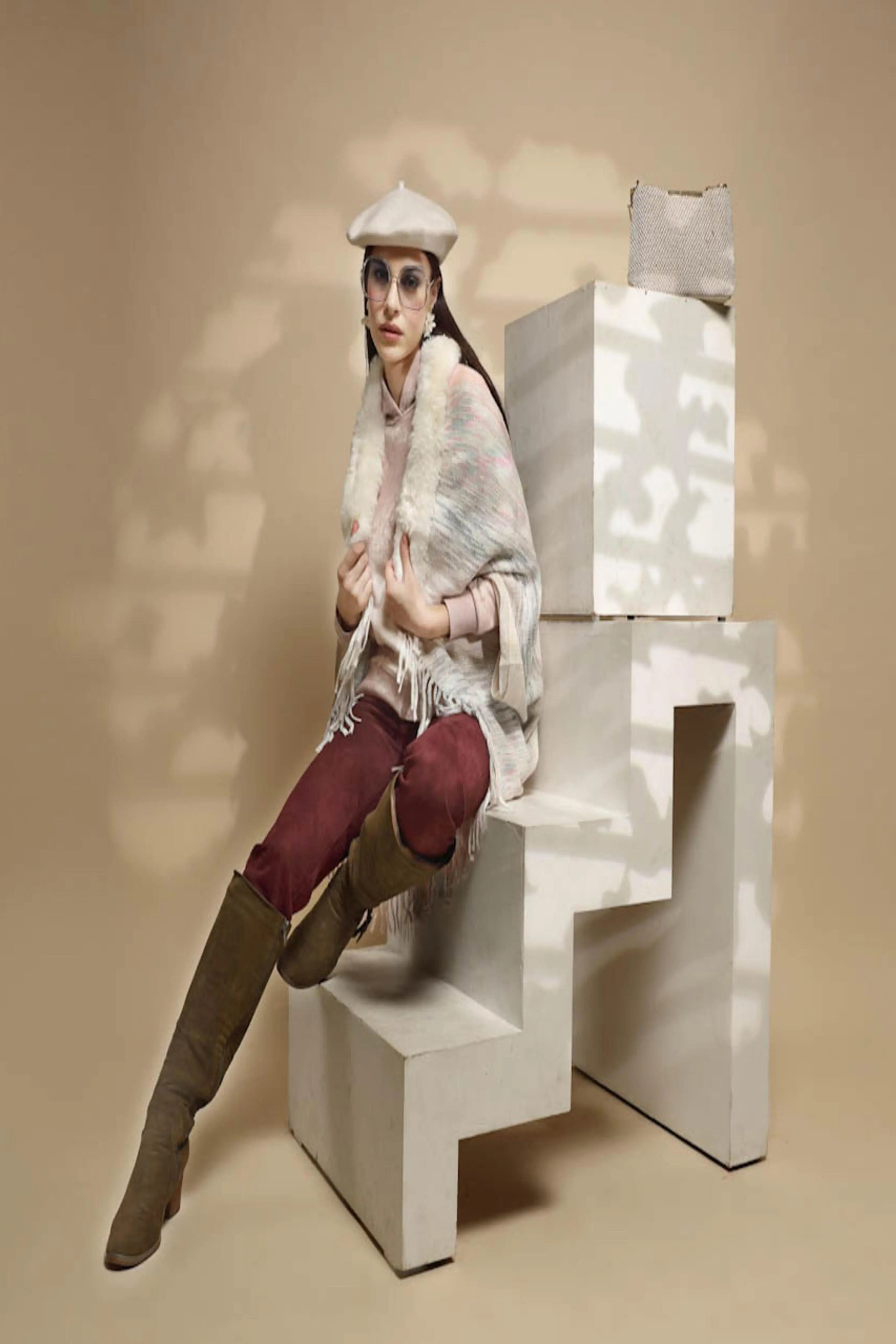 Off White Abstract Print Acrylic Cape - Global Republic