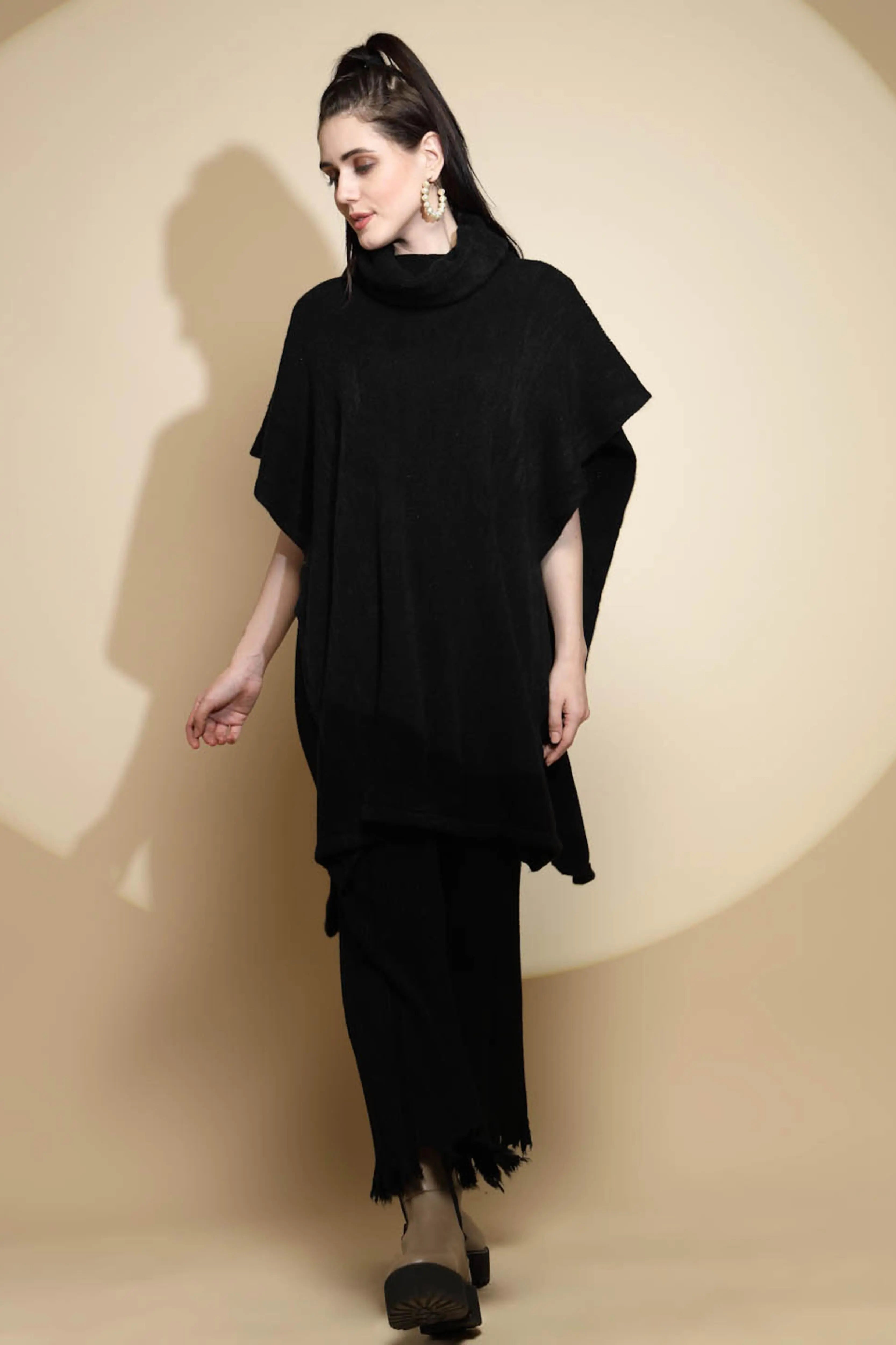 Black Solid Acrylic Poncho - Global Republic
