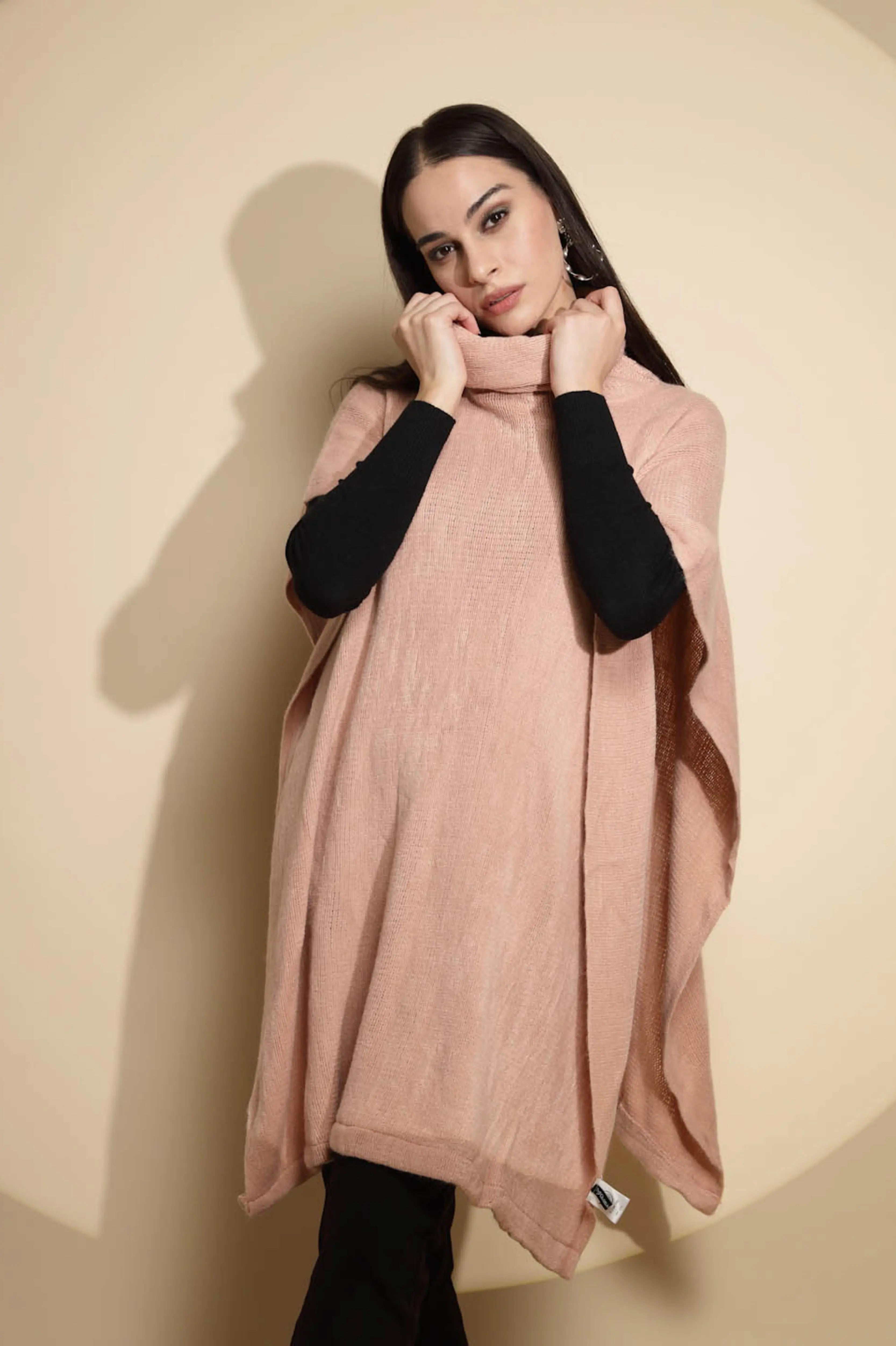 Pink Solid Half Sleeve Turtle Neck Acrylic Poncho - Global Republic