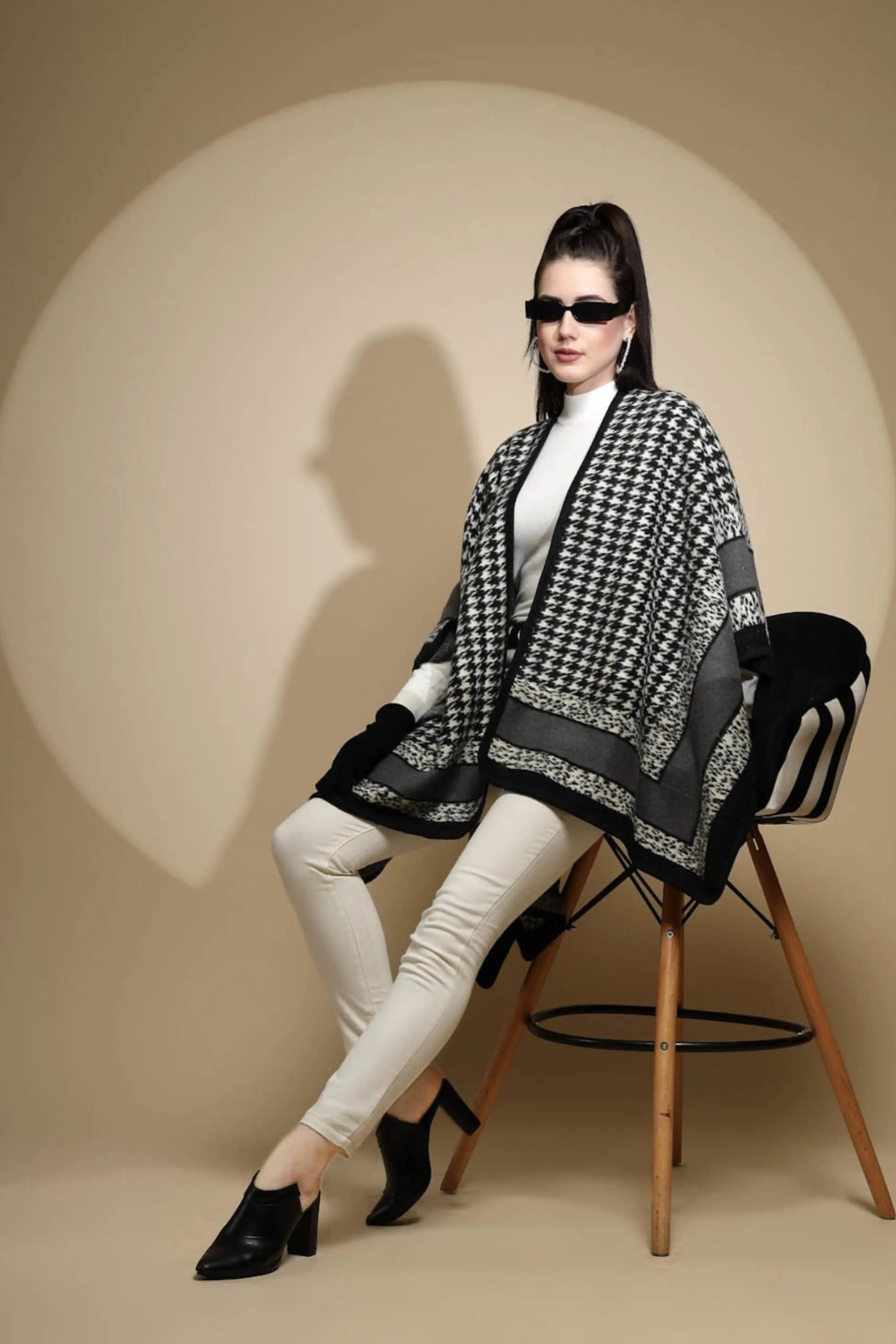 Black Check Print Acrylic Cape