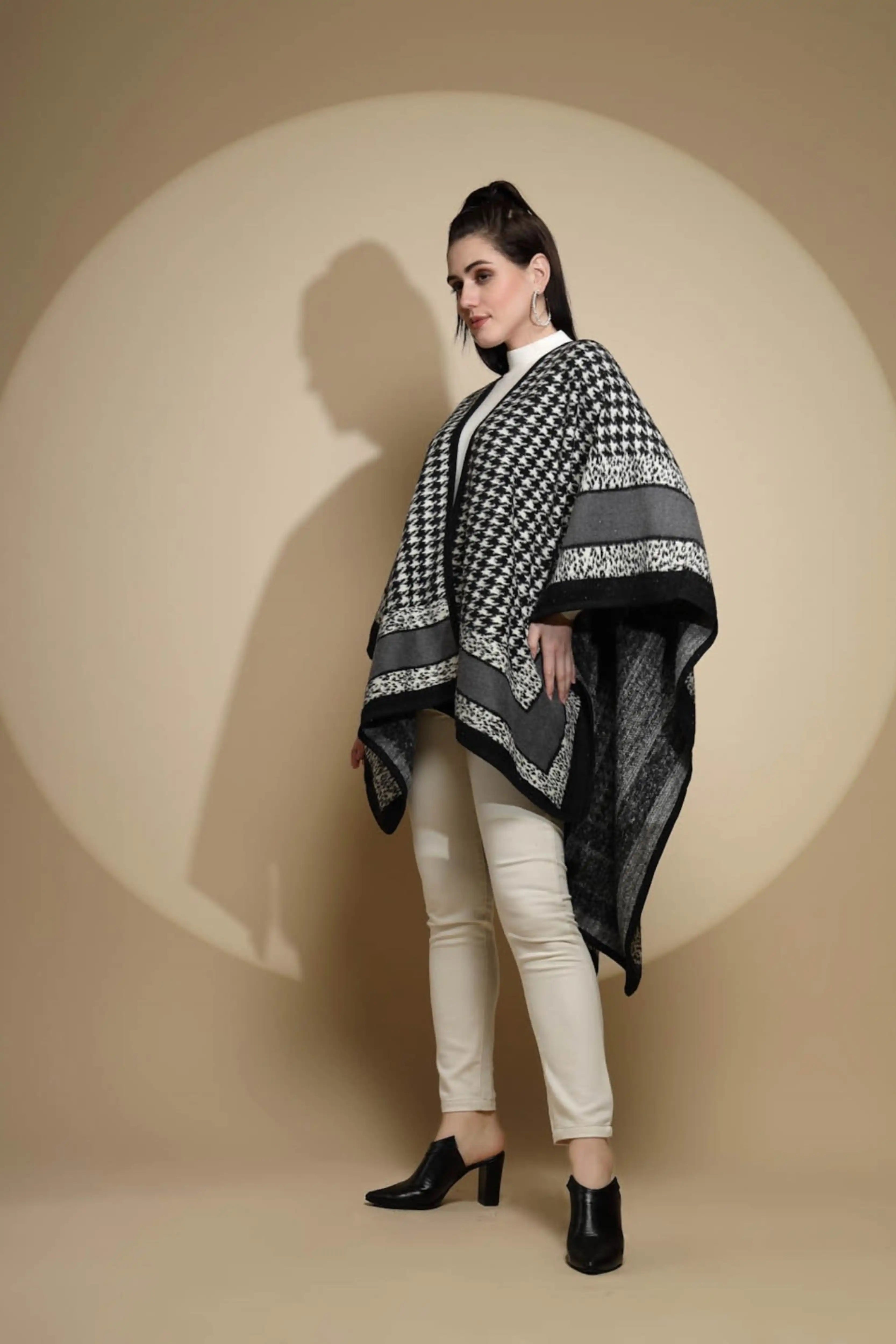 Black Check Print Acrylic Cape