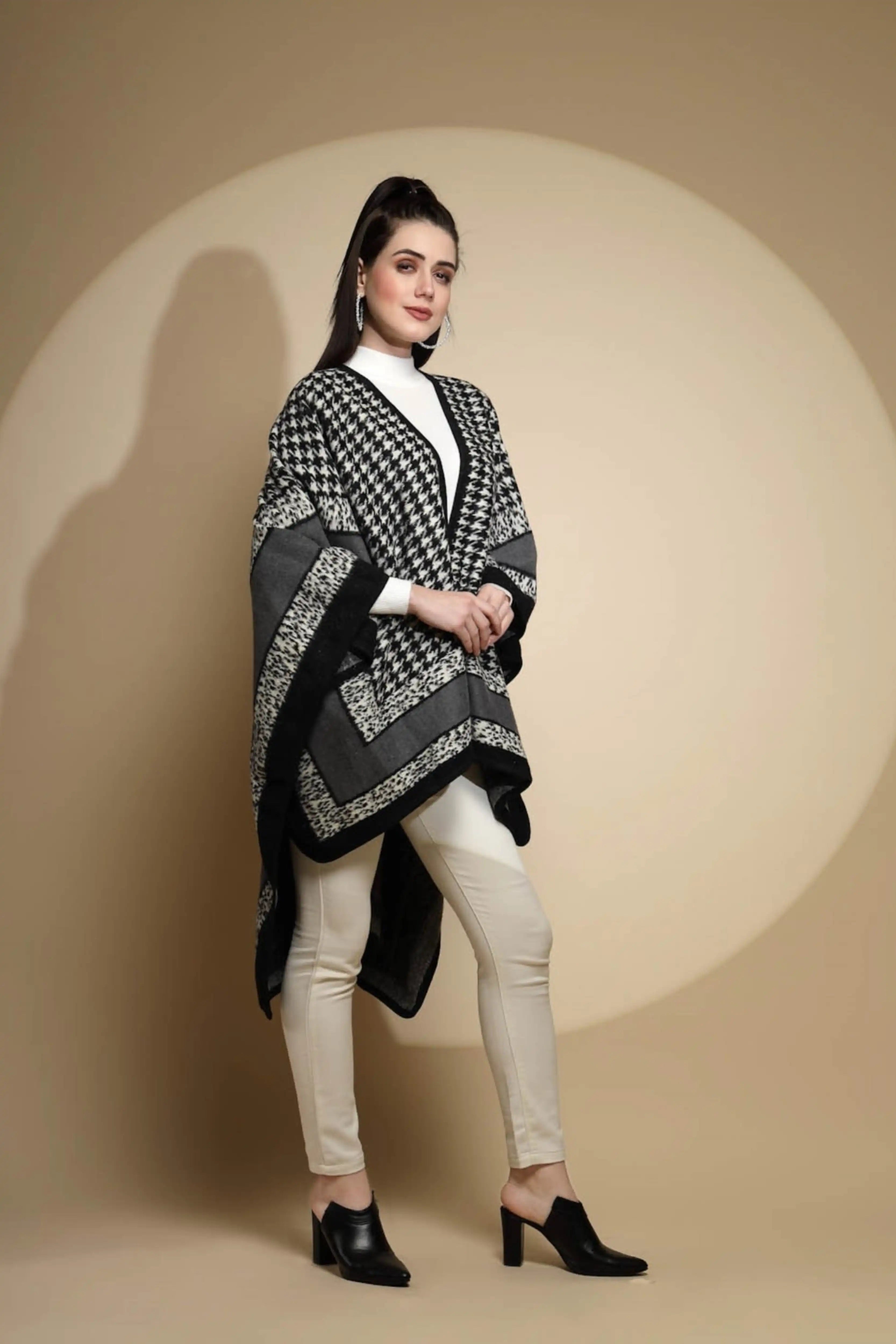 Black Check Print Acrylic Cape