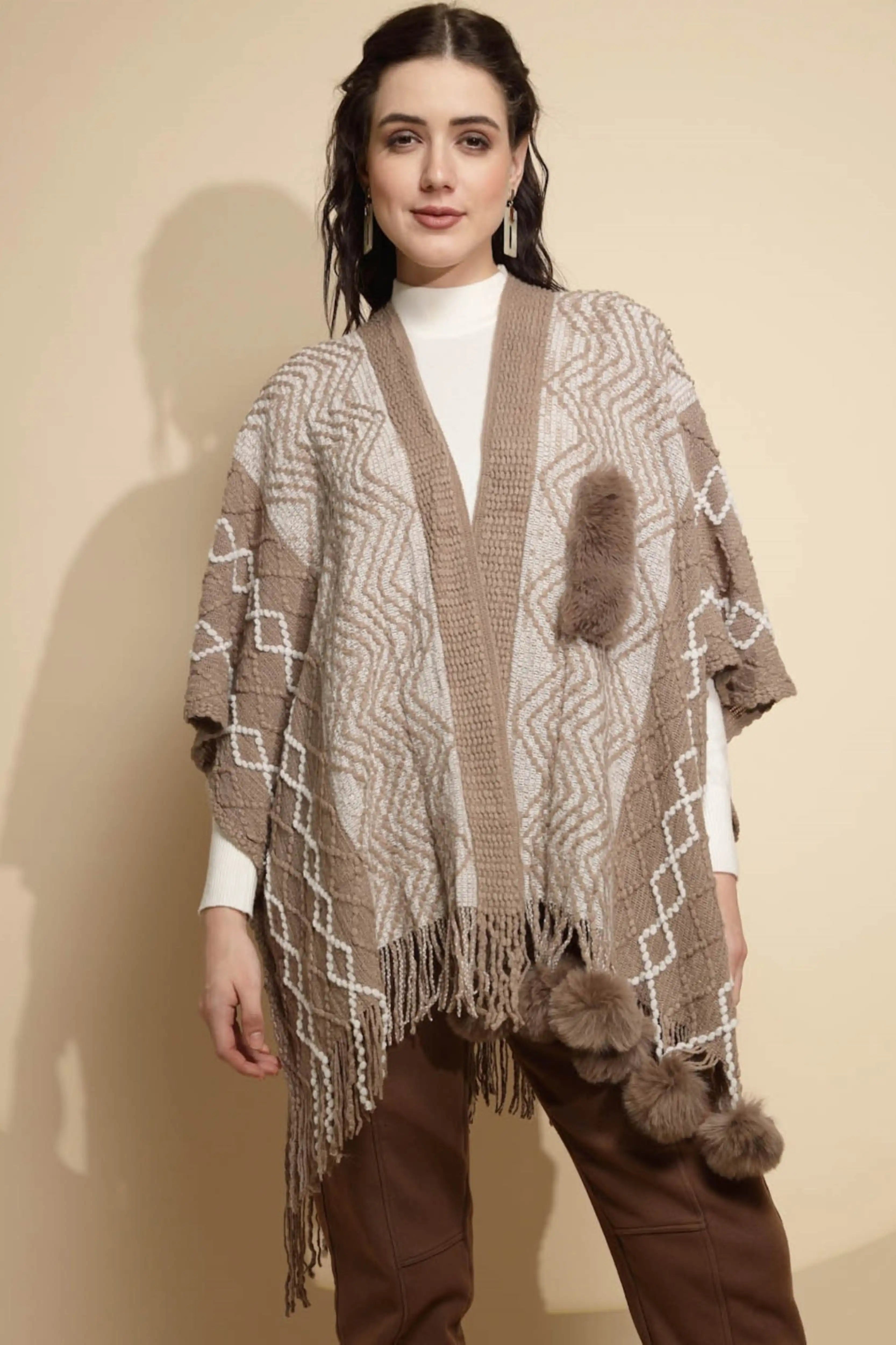 Checkered Acrylic Fur Balls Cape