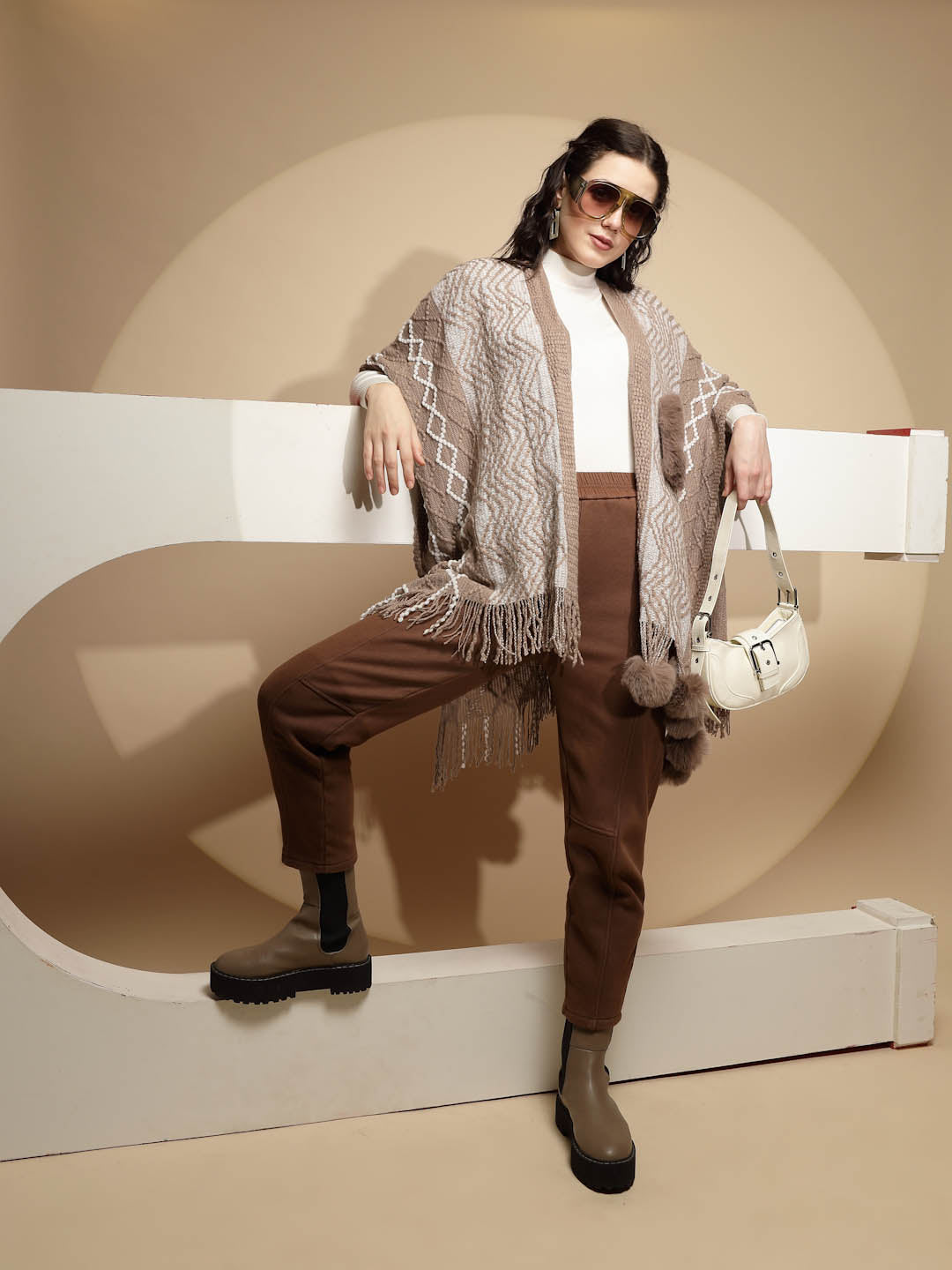 Checkered Acrylic Fur Balls Cape - Global Republic