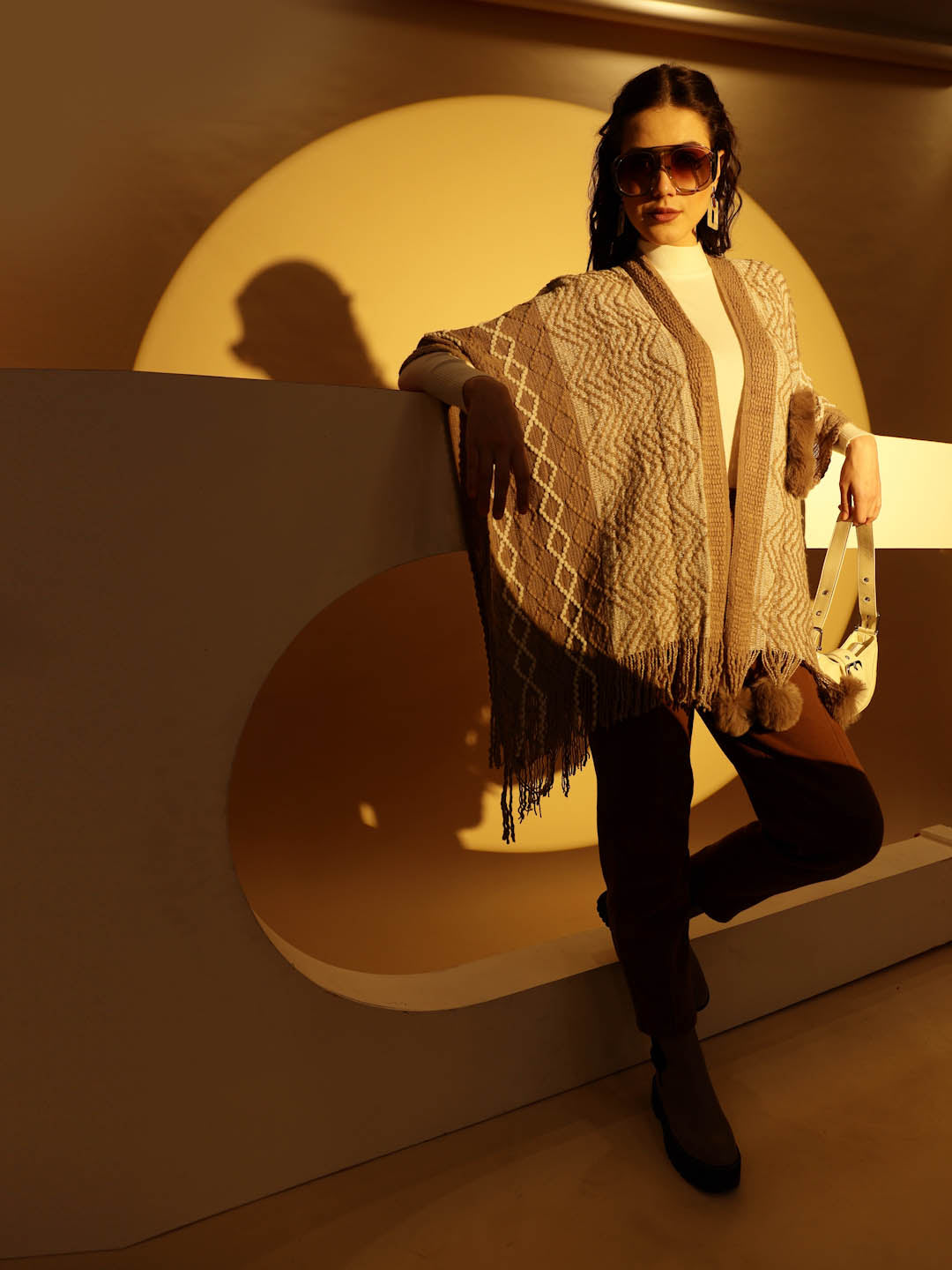 Checkered Acrylic Fur Balls Cape - Global Republic