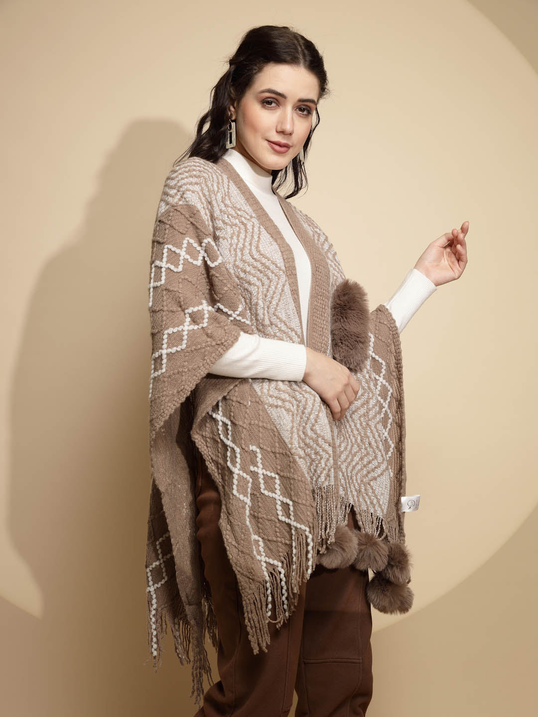 Checkered Acrylic Fur Balls Cape - Global Republic