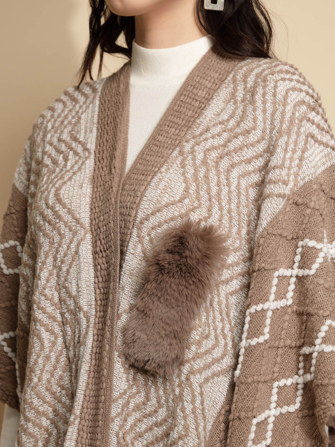Checkered Acrylic Fur Balls Cape - Global Republic