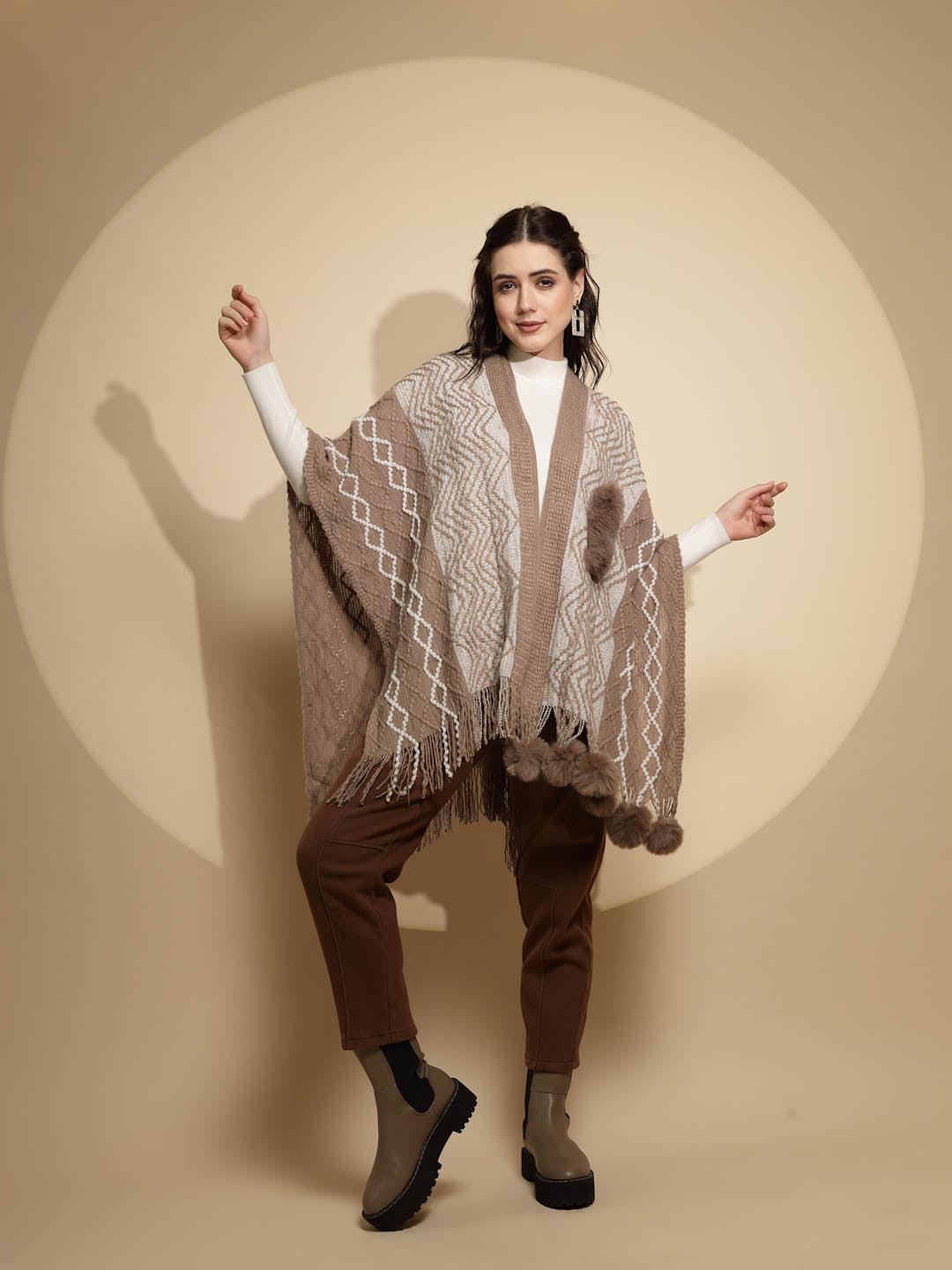 Checkered Acrylic Fur Balls Cape - Global Republic