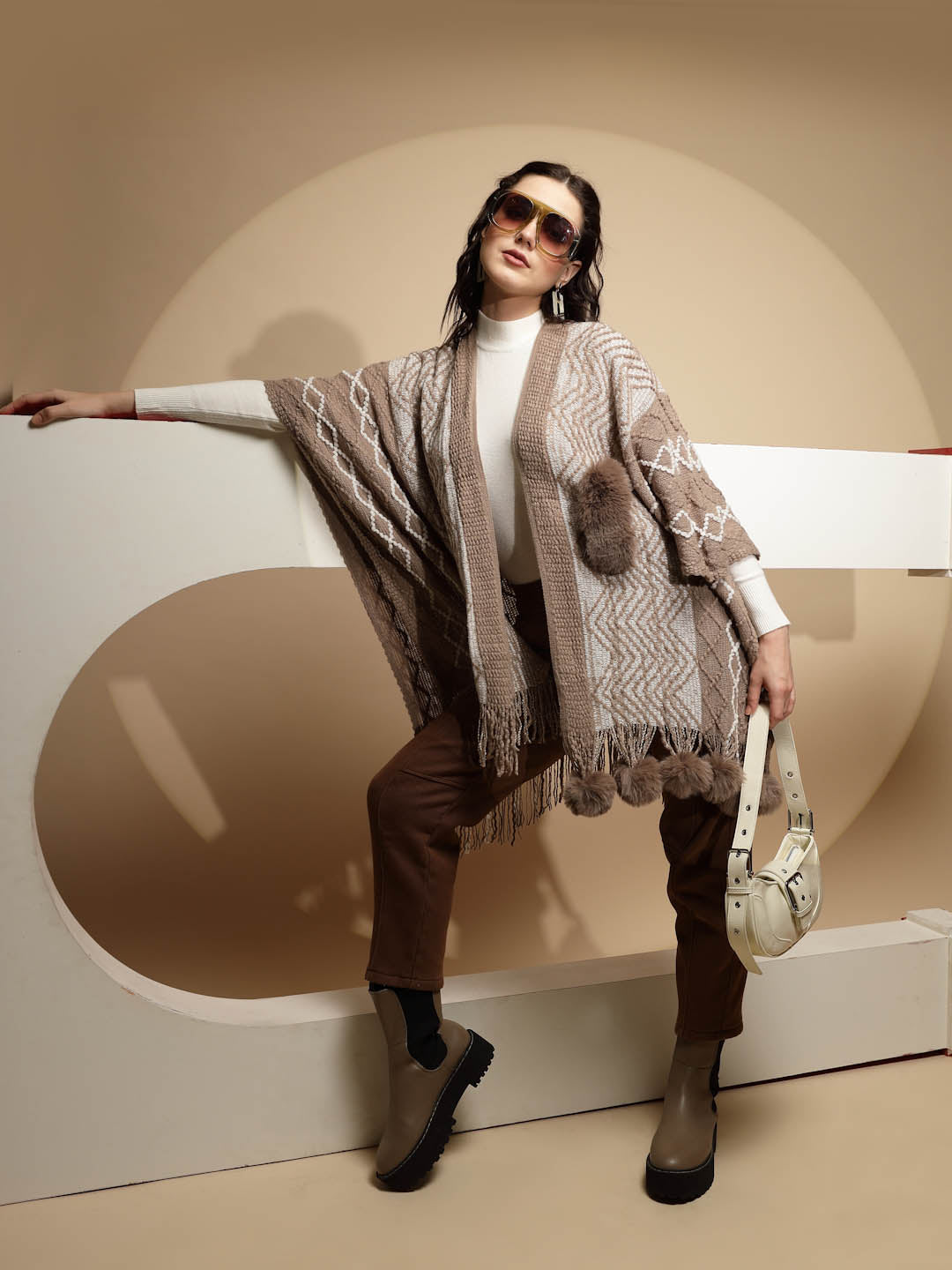 Checkered Acrylic Fur Balls Cape - Global Republic
