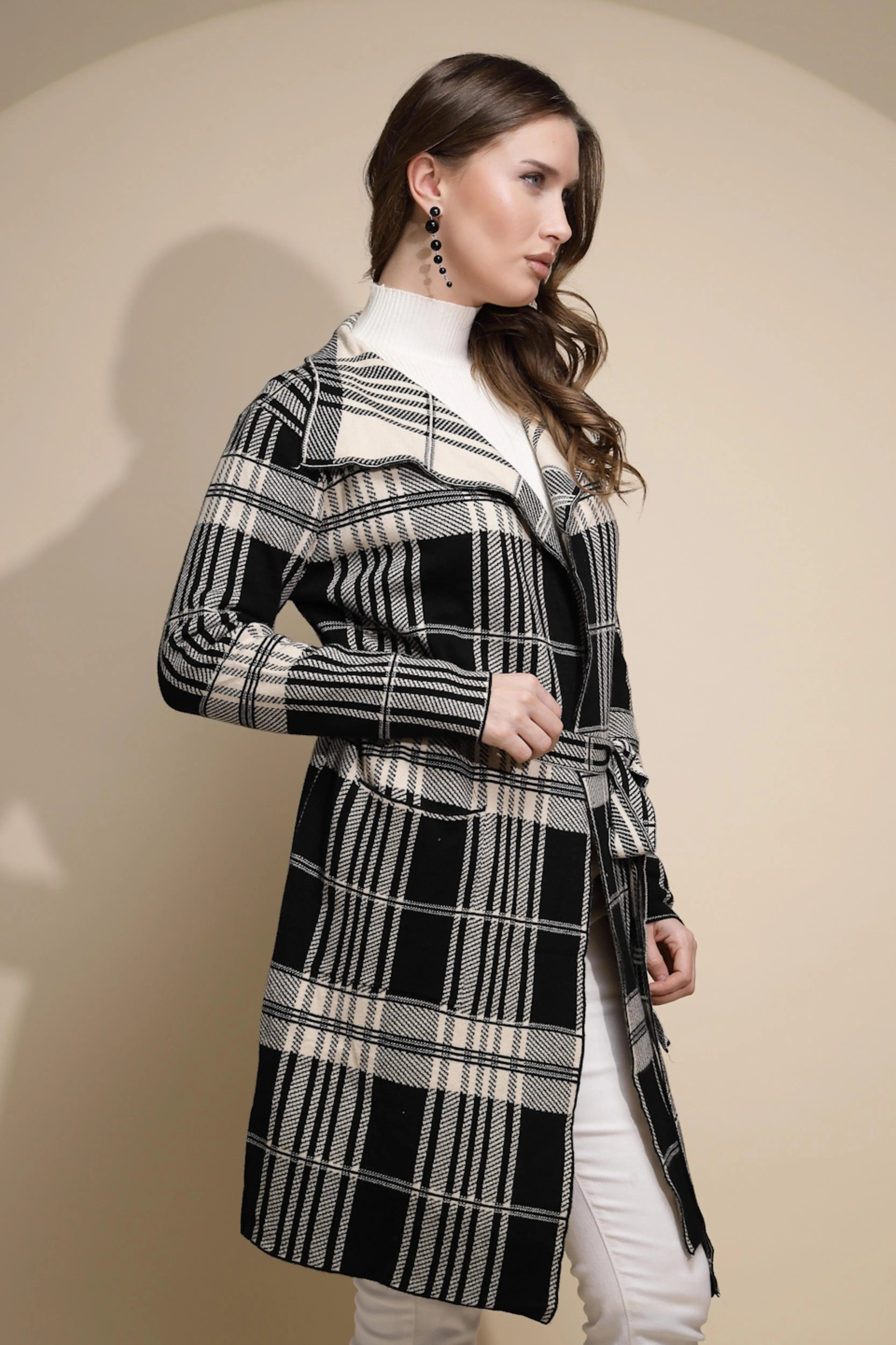 Women Beige Check Full Sleeve Collar Neck Knitted Winter Wrap Coat with Belt - Global Republic