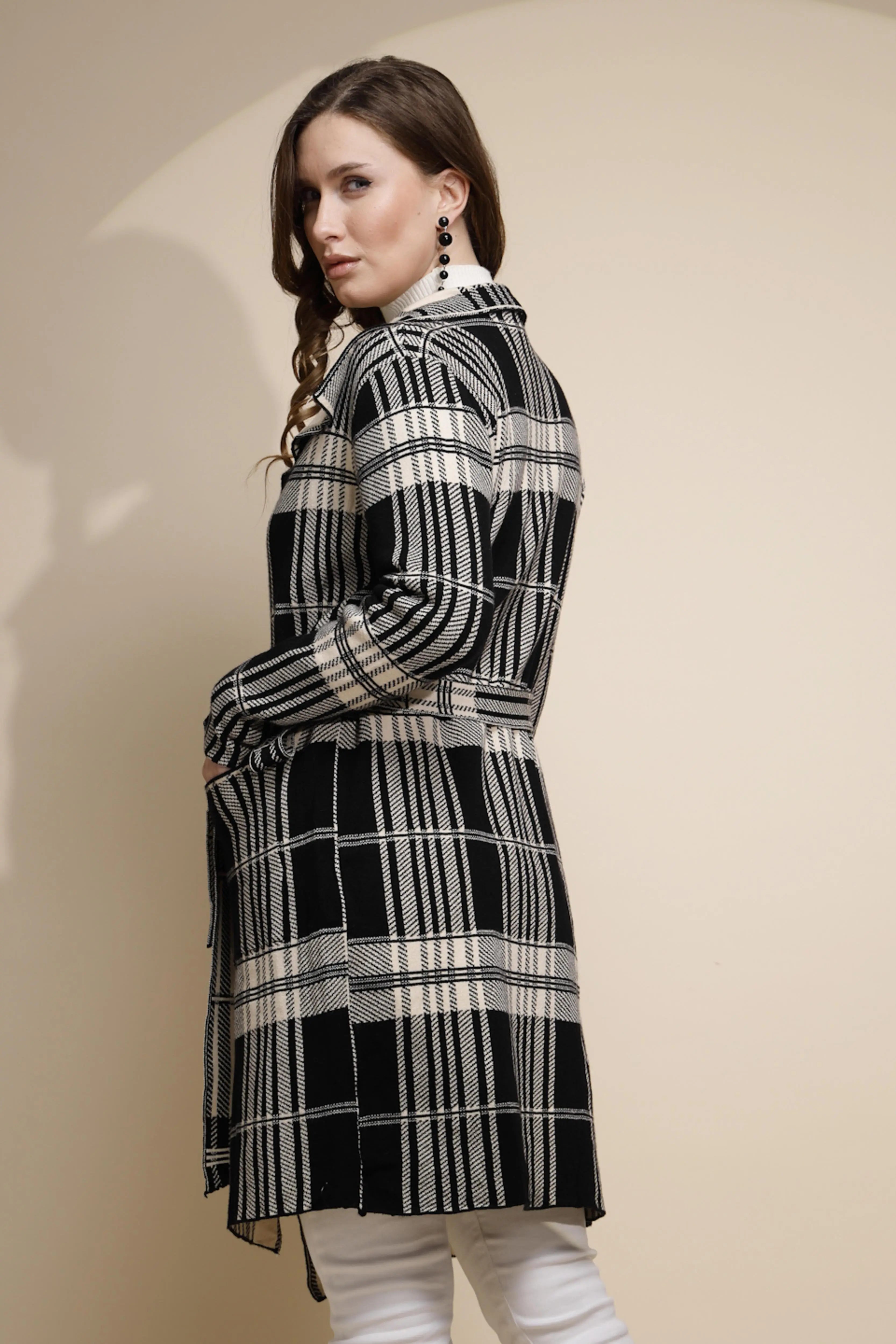 Beige Knit Winter Wrap Coat with Belt - Global Republic