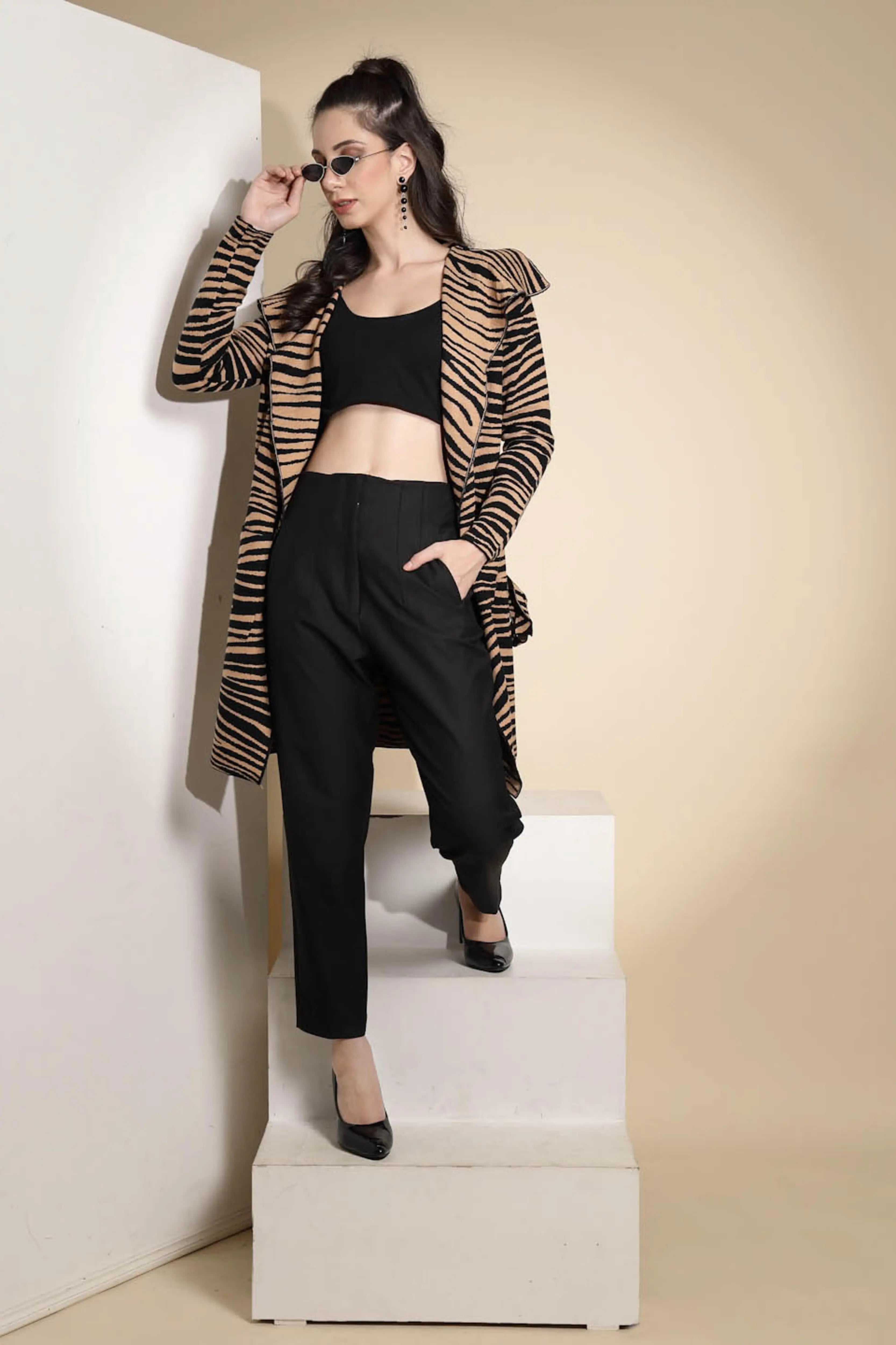 Brown Animal Print Knitted Winter Coat - Global Republic