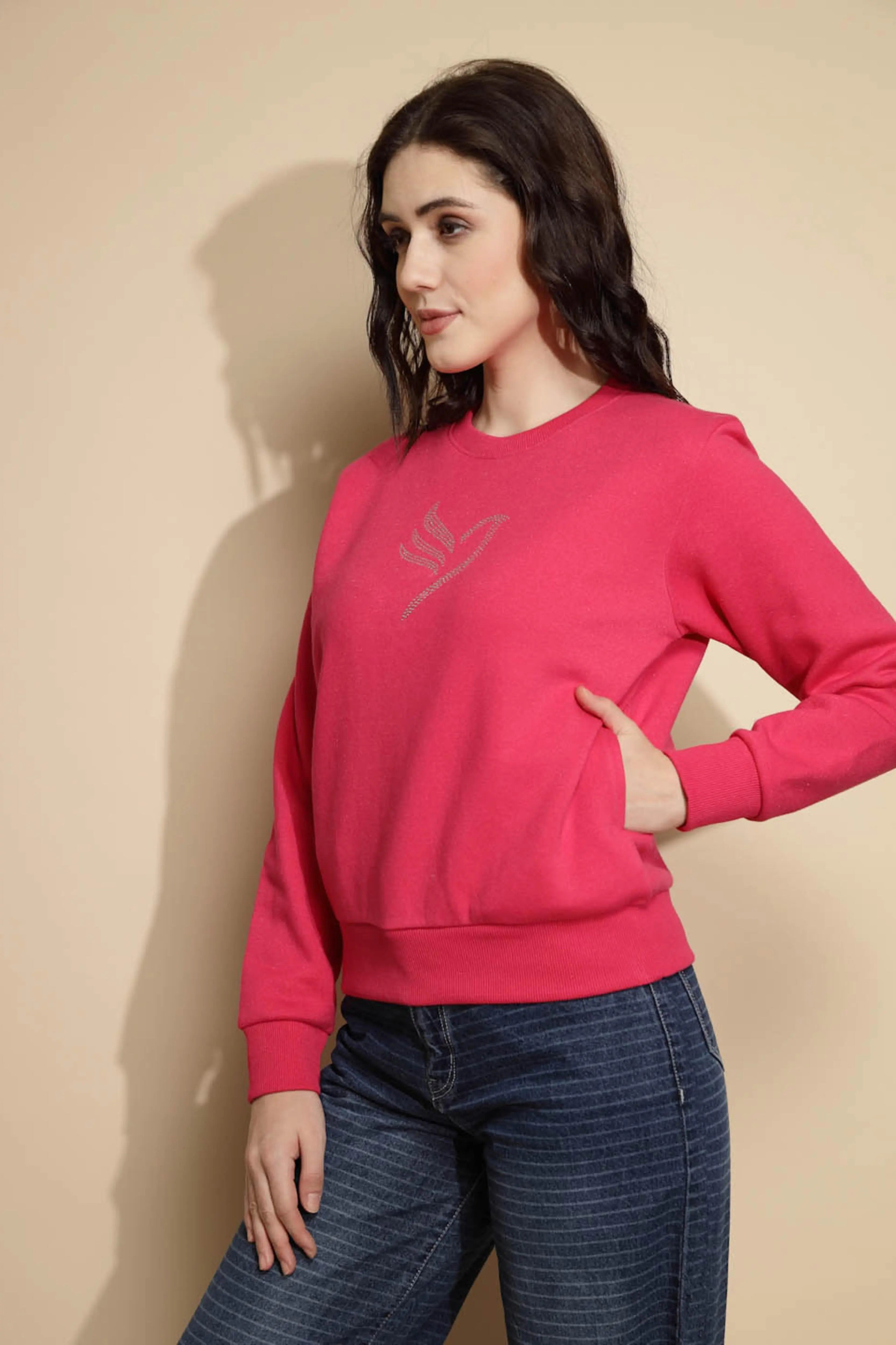 Pink Solid Round Neck Sweatshirt - Global Republic
