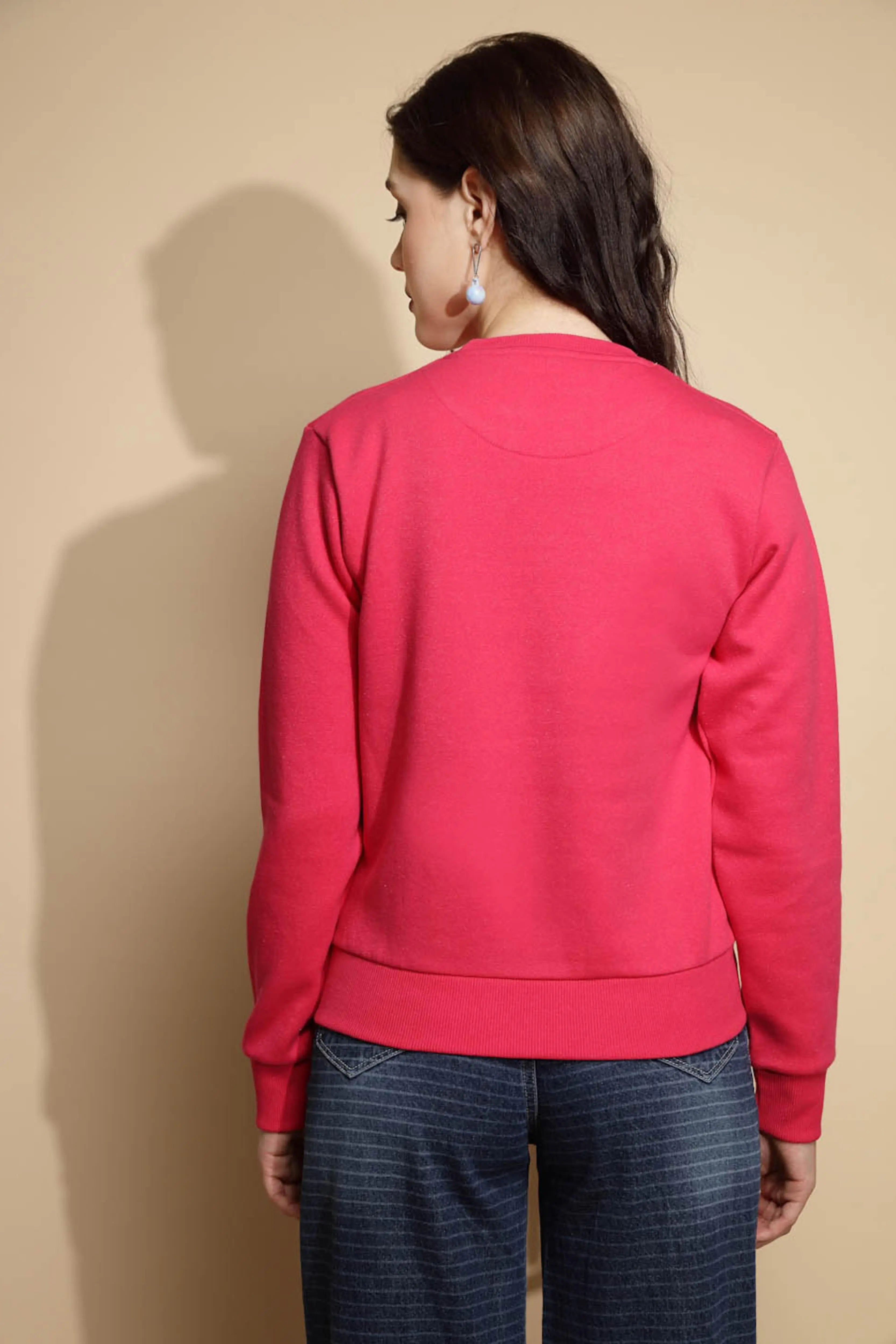 Pink Solid Round Neck Sweatshirt - Global Republic